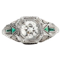 Antique Art Deco GIA Diamond and Emerald Arrow Filigree 18 Karat White Gold, circa 1920s