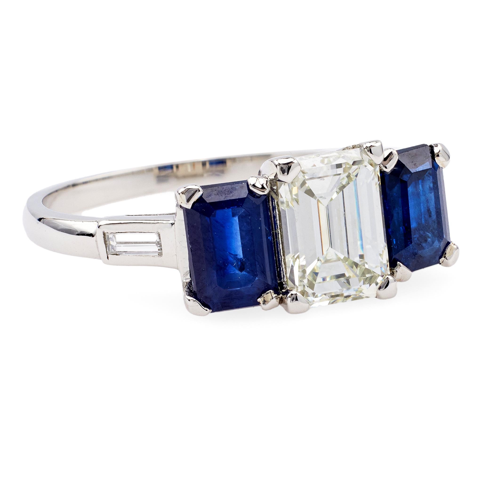 Women's or Men's Art Deco GIA Diamond and Sapphire Platinum Three Stone Ring