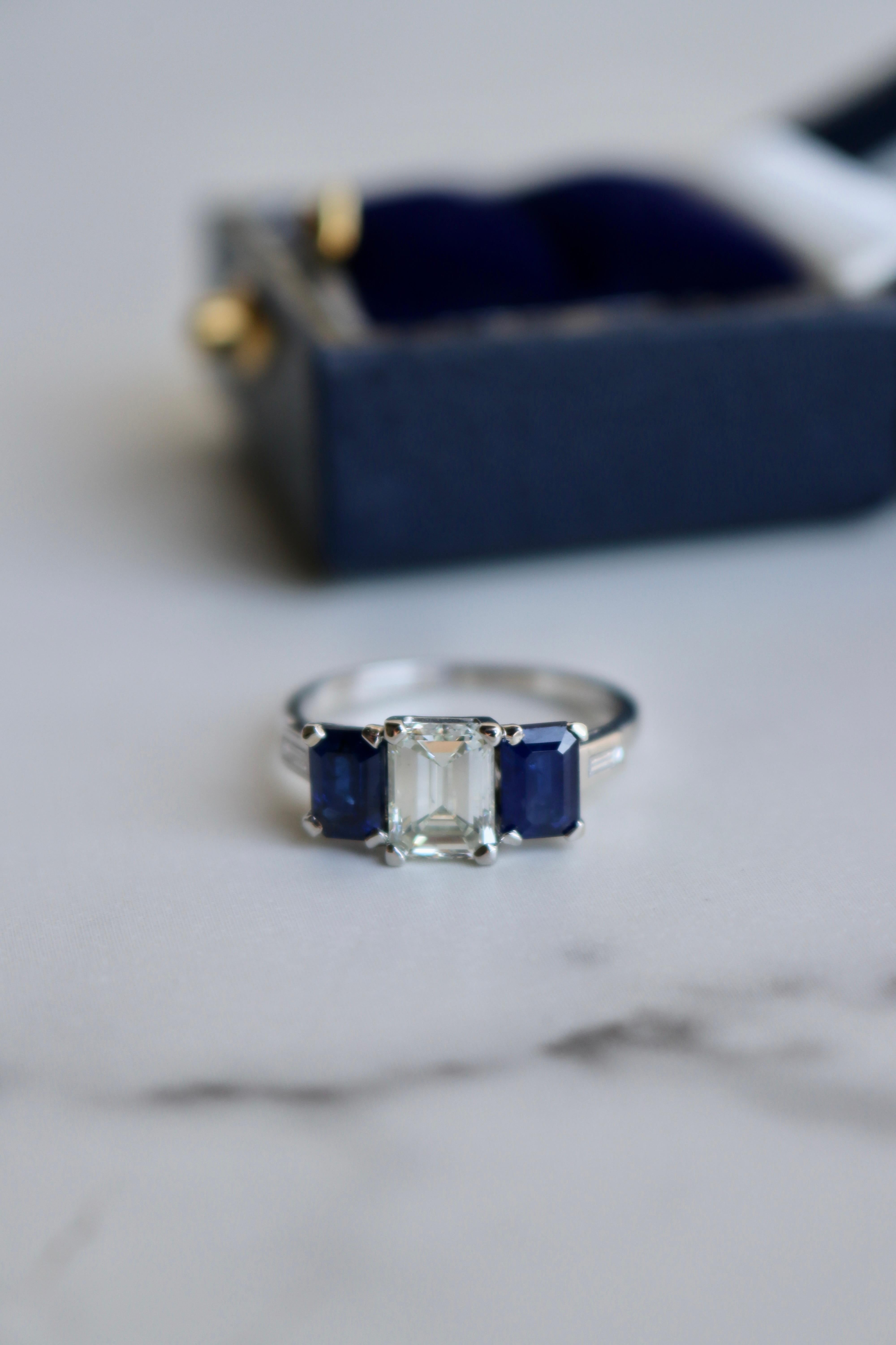 Art Deco GIA Diamond and Sapphire Platinum Three Stone Ring 1