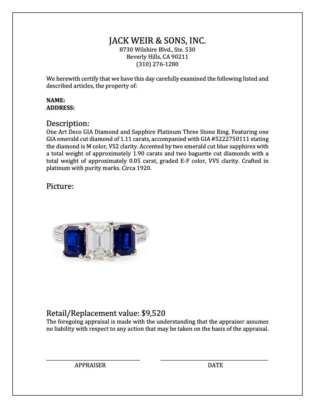 Art Deco GIA Diamond and Sapphire Platinum Three Stone Ring 3