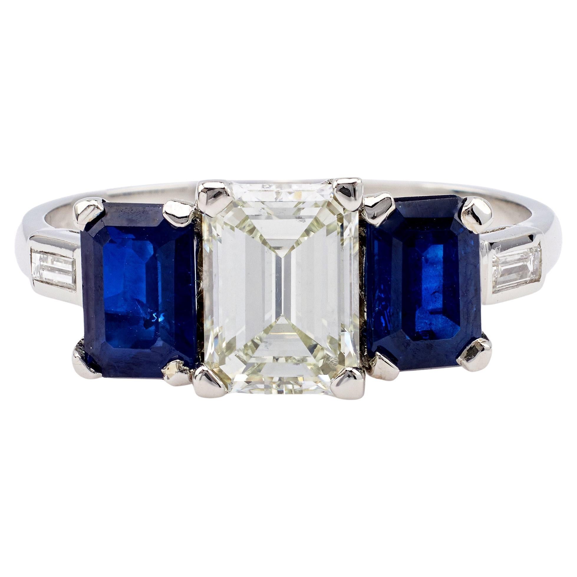 Art Deco GIA Diamond and Sapphire Platinum Three Stone Ring