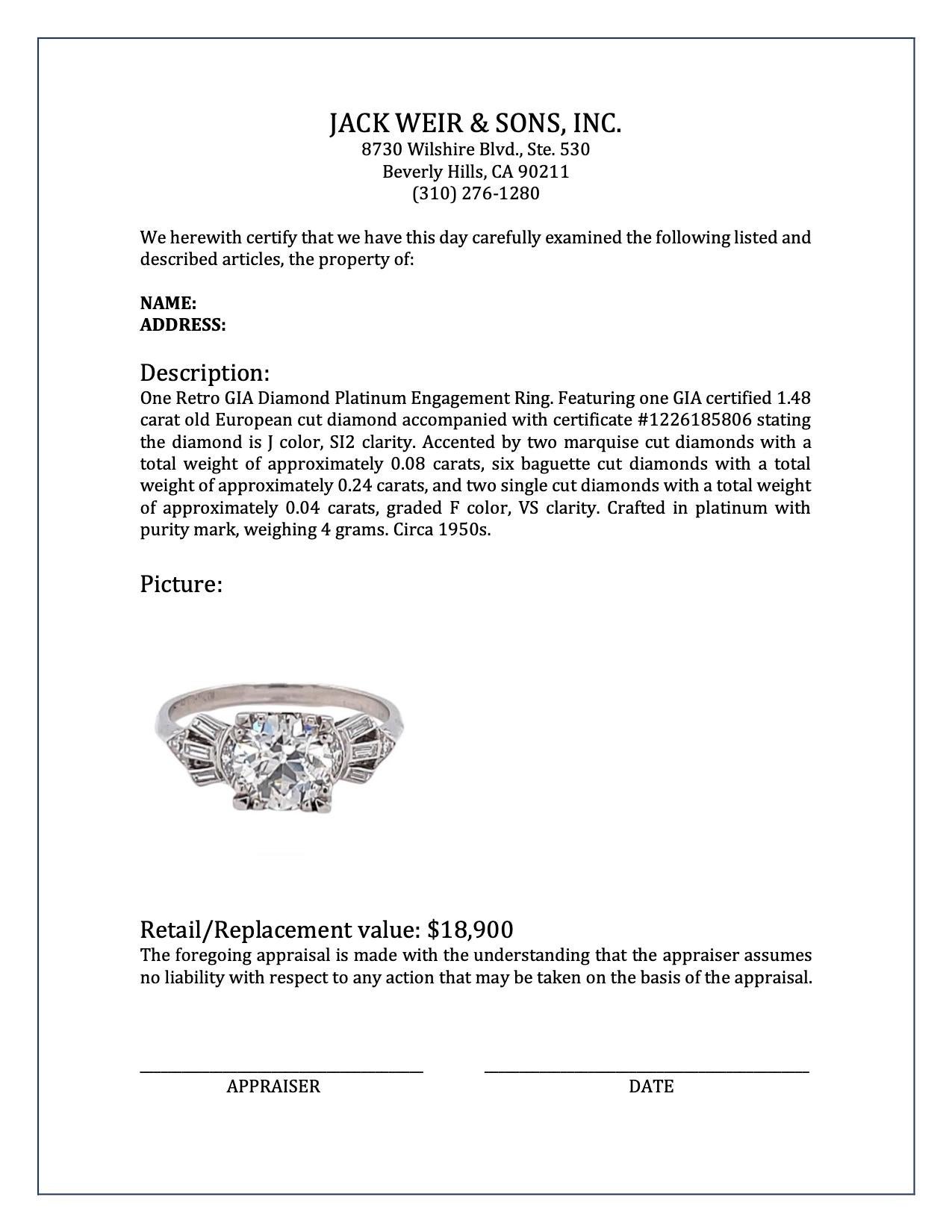 Art Deco GIA Diamond Platinum Engagement Ring 2