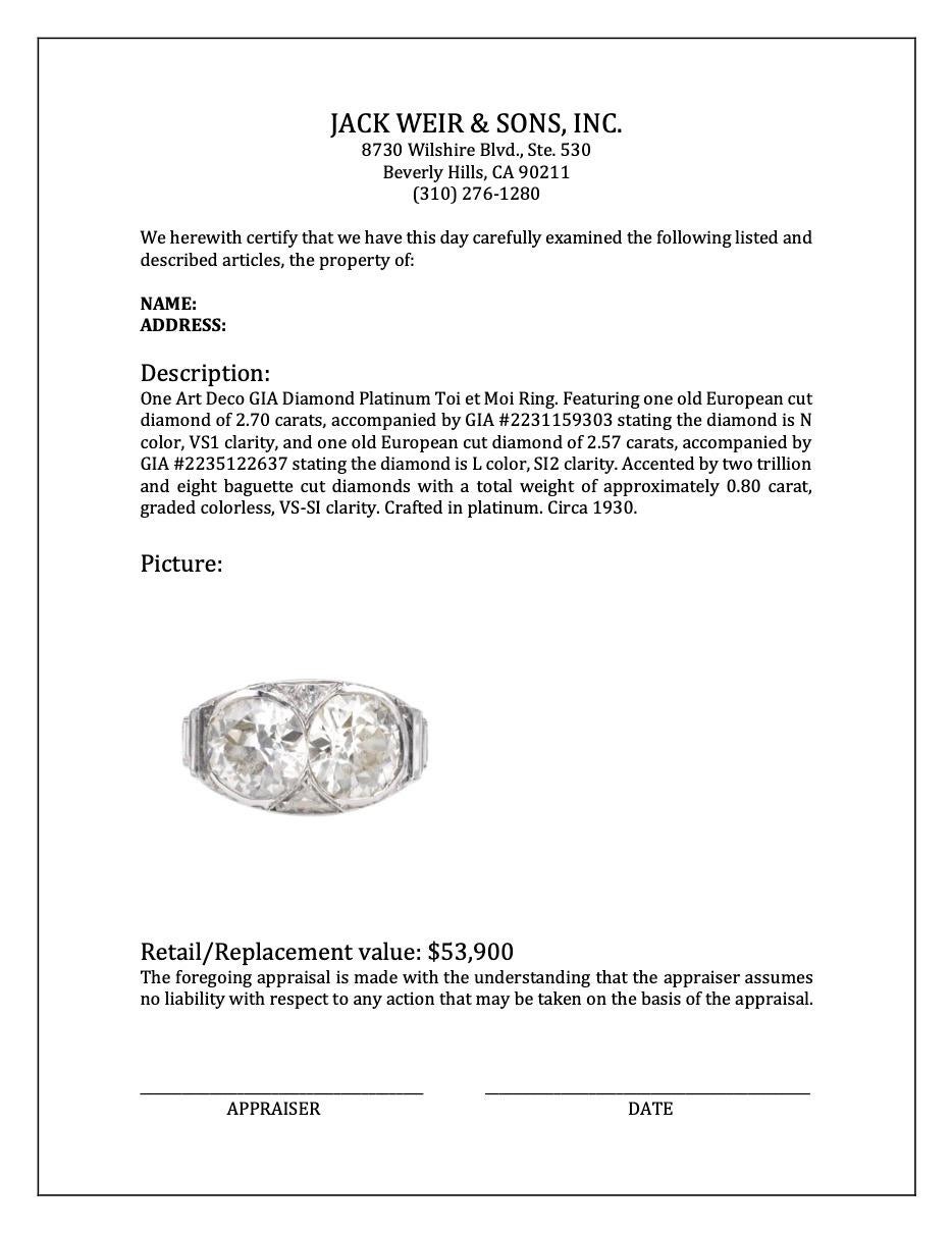 Art Deco GIA Diamond Platinum Toi et Moi Ring For Sale 4