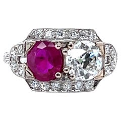 Antique Art Deco GIA 0.92 Carat Diamond Ruby 18 Karat White Gold Two Stone Ring