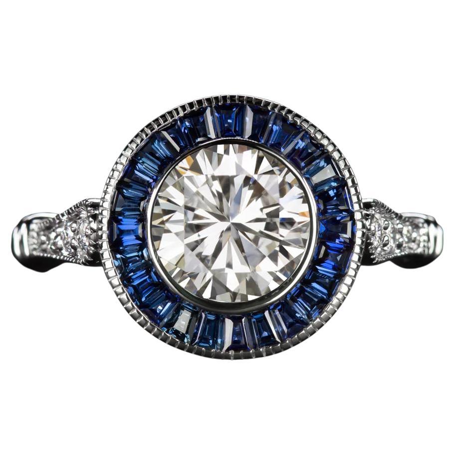 Art Deco GIA Diamond & Sapphire Target Ring in 14K White Gold