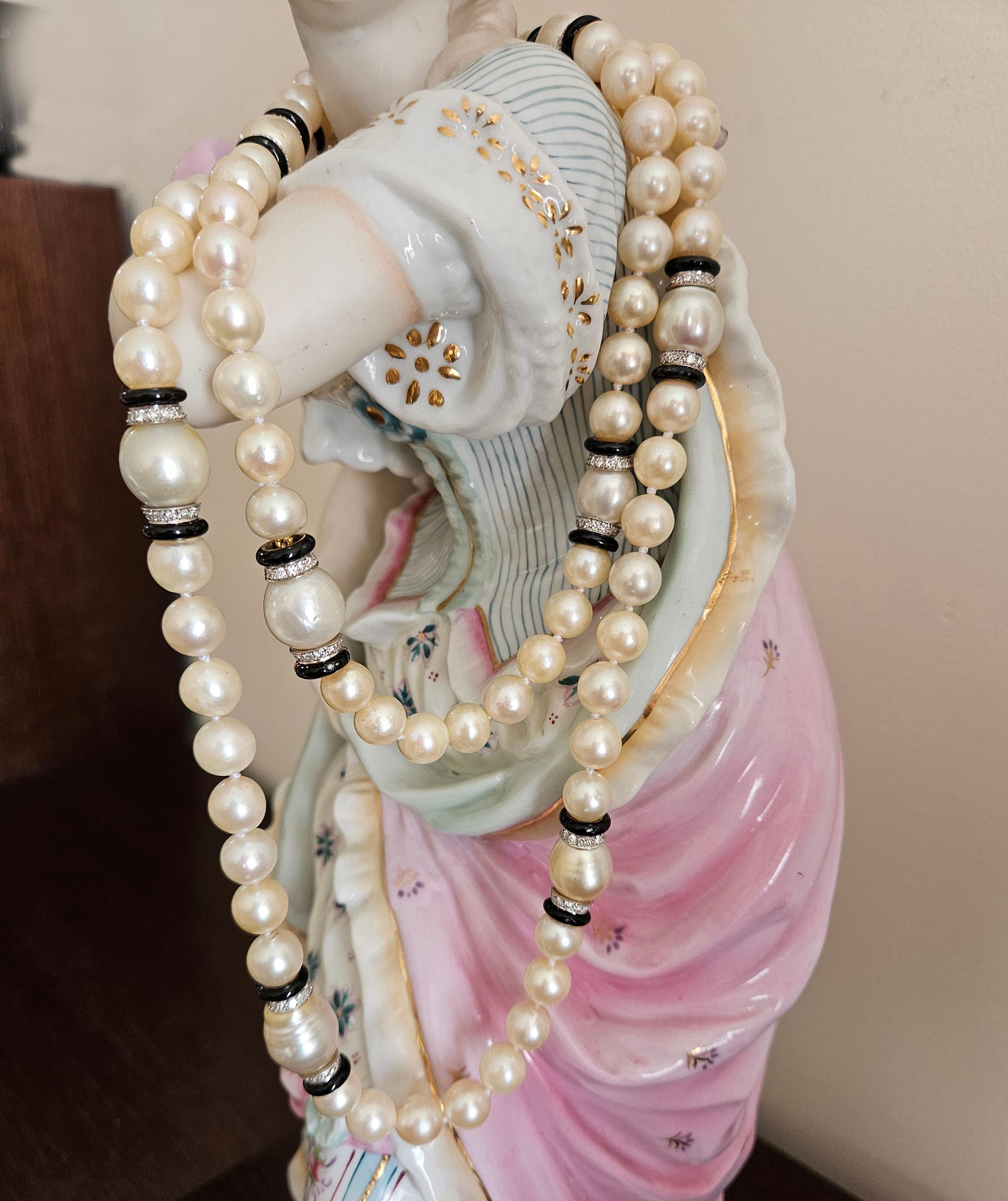 Art Deco GIA Long South Sea & Akoya Pearl Enamel Diamond Platinum 18K Necklace For Sale 6