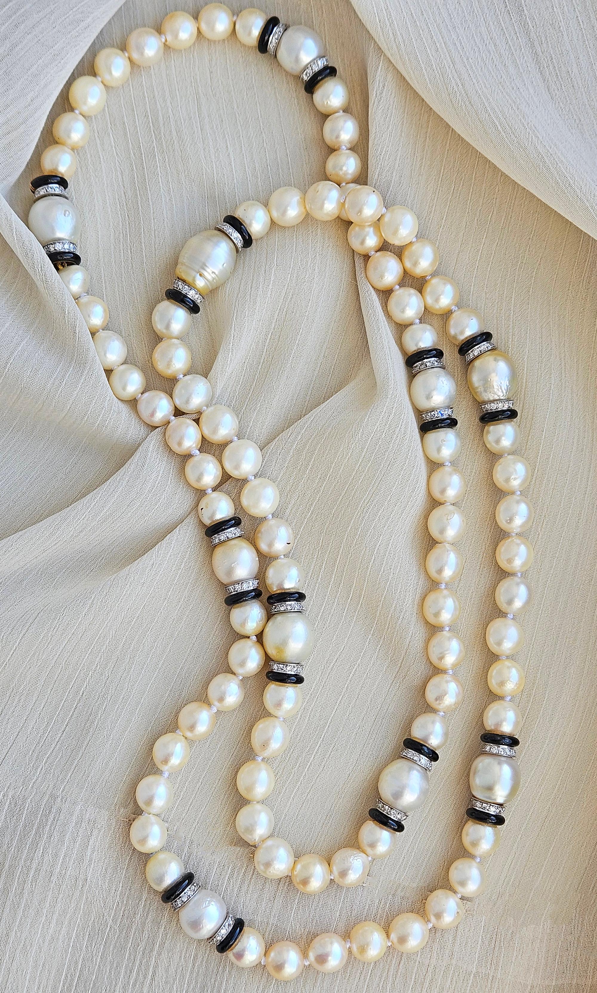 Art Deco GIA Long South Sea & Akoya Pearl Enamel Diamond Platinum 18K Necklace For Sale 7