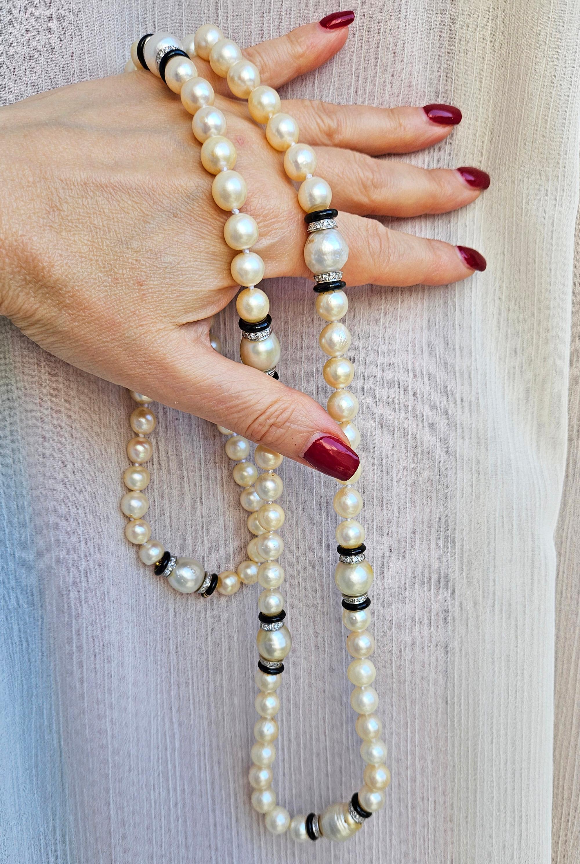 Art Deco GIA Long South Sea & Akoya Pearl Enamel Diamond Platinum 18K Necklace For Sale 8