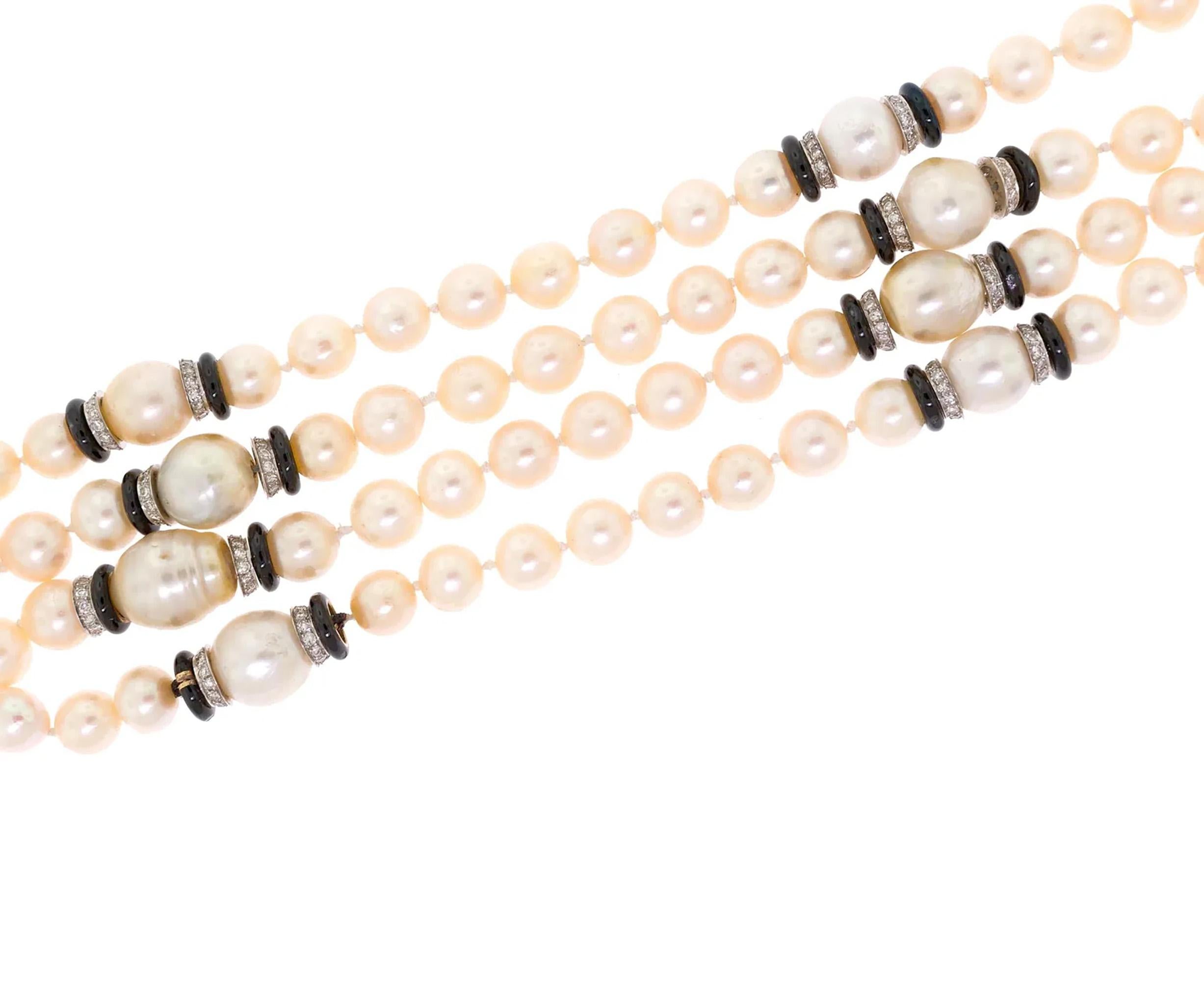 Art Deco GIA Long South Sea & Akoya Pearl Enamel Diamond Platinum 18K Necklace For Sale 10