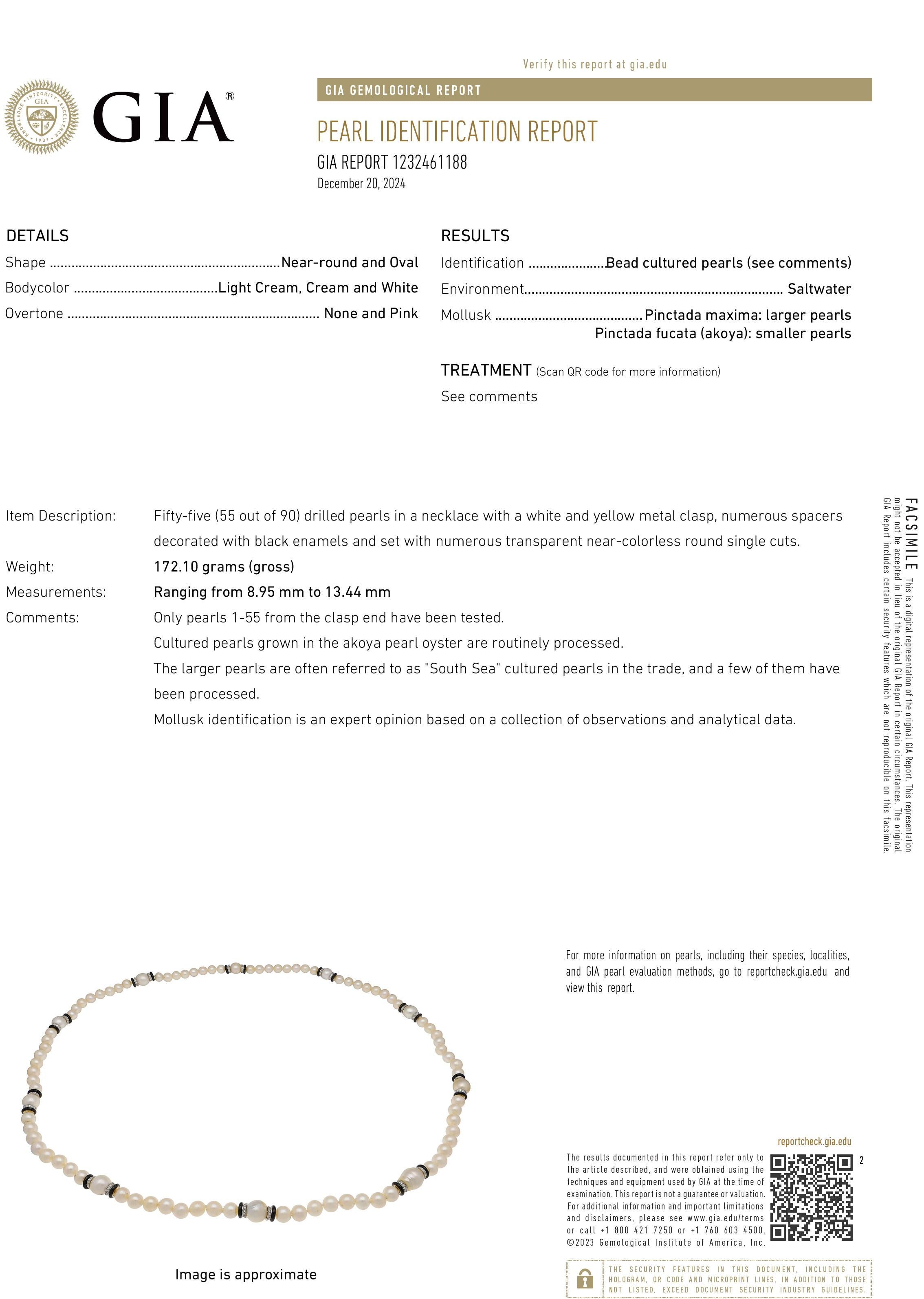 Art Deco GIA Long South Sea & Akoya Pearl Enamel Diamond Platinum 18K Necklace For Sale 11