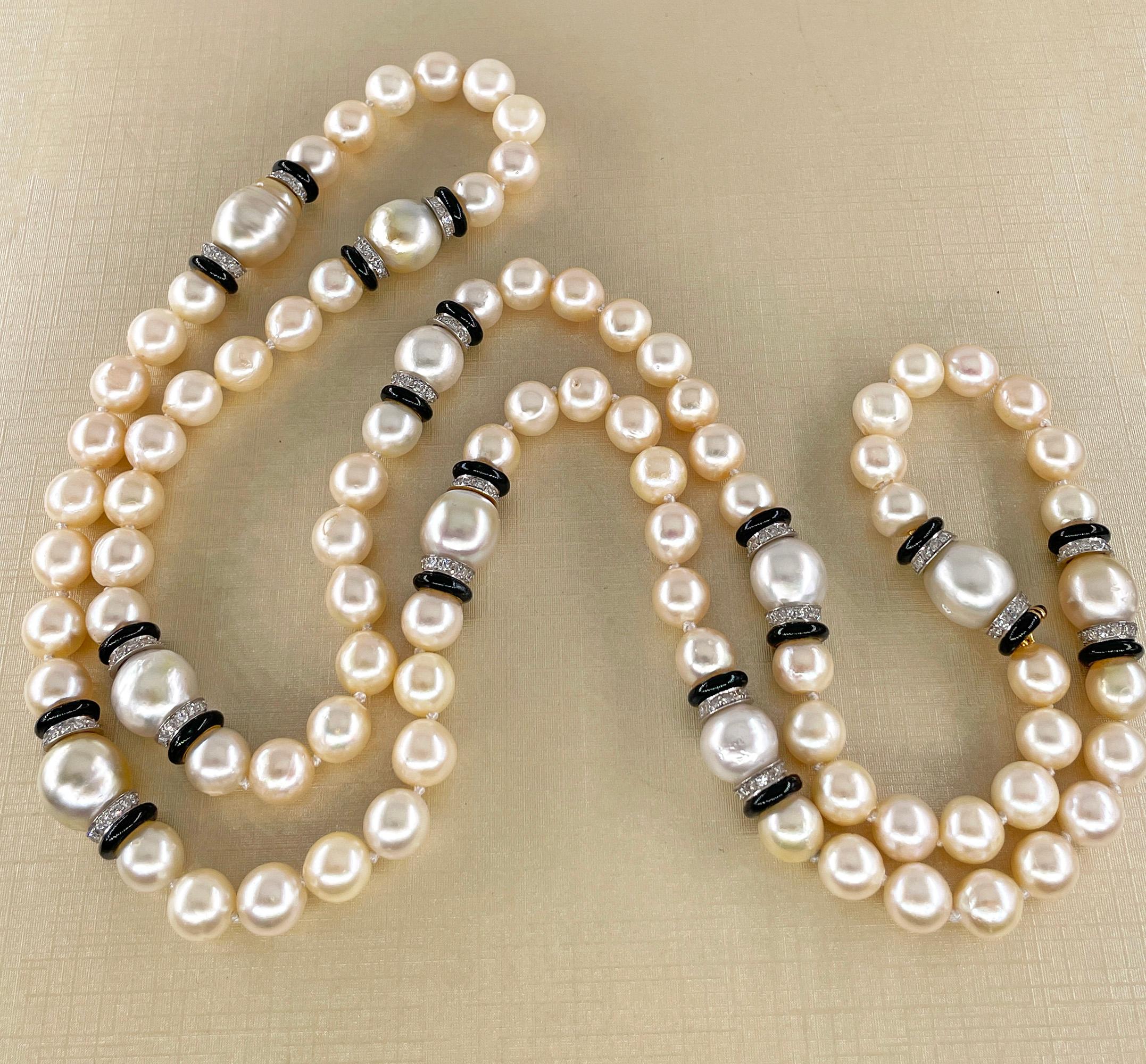 Art Deco GIA Long South Sea & Akoya Pearl Enamel Diamond Platinum 18K Necklace For Sale 12