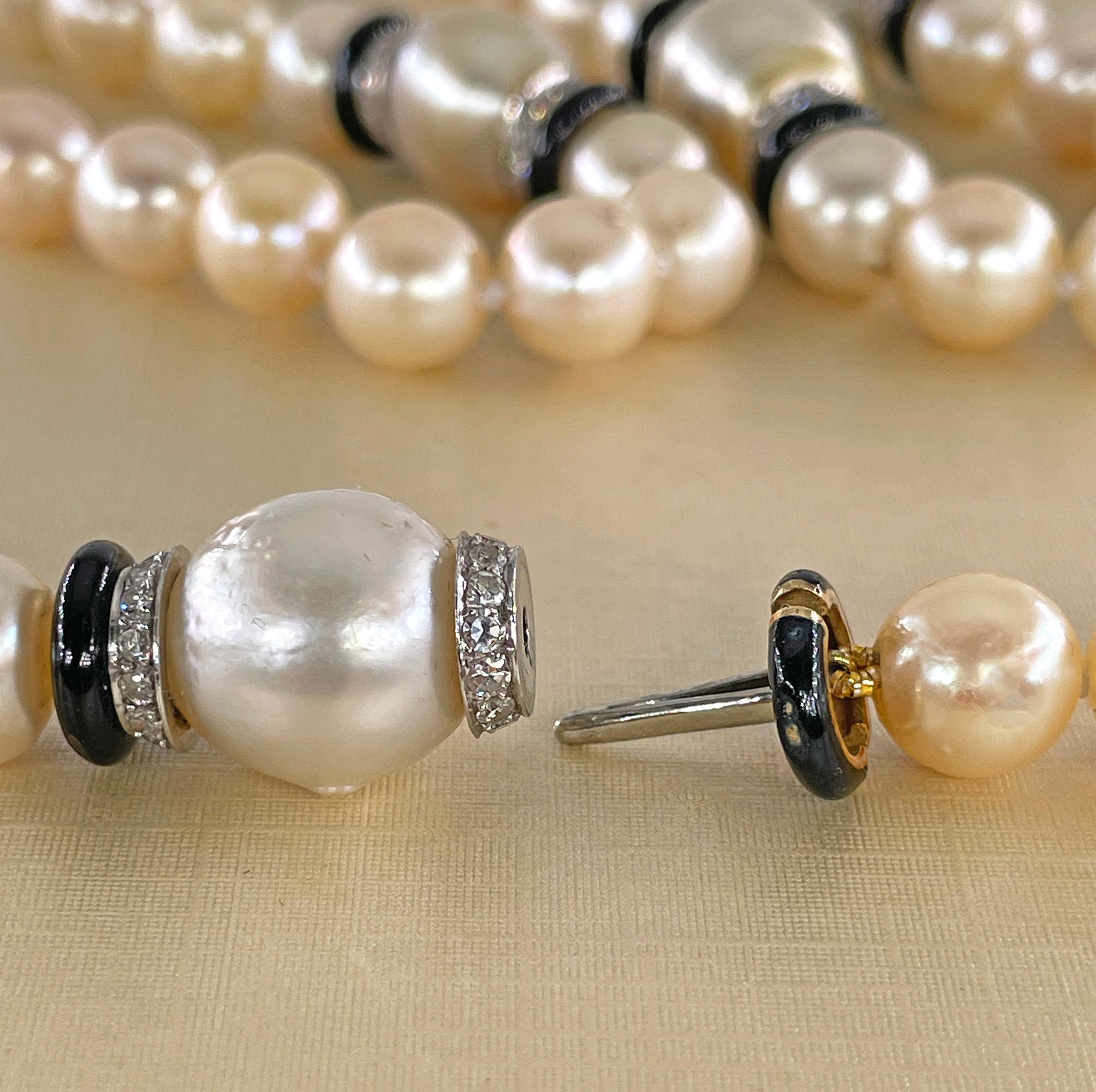 Art Deco GIA Long South Sea & Akoya Pearl Enamel Diamond Platinum 18K Necklace For Sale 13
