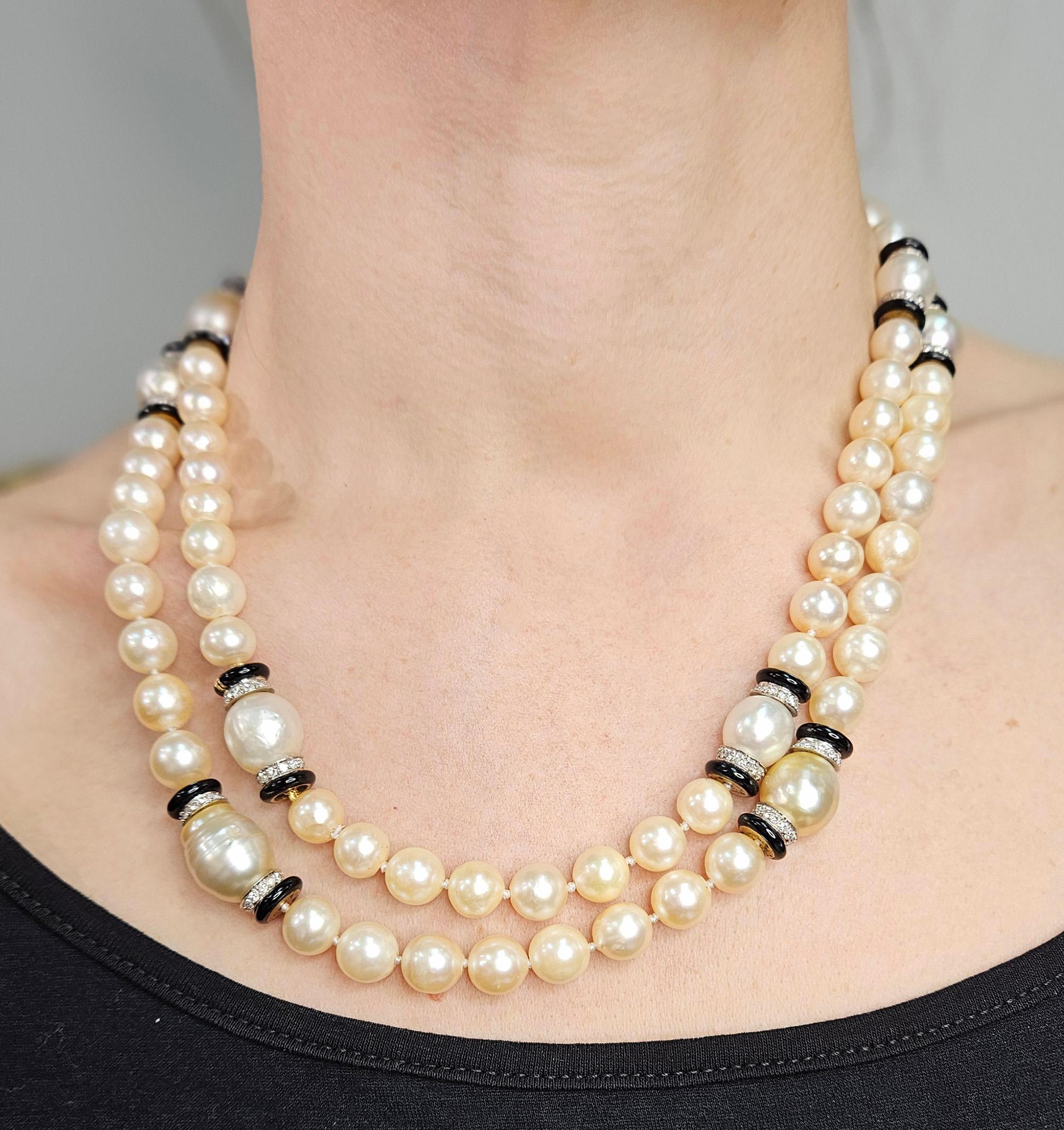 Bead Art Deco GIA Long South Sea & Akoya Pearl Enamel Diamond Platinum 18K Necklace For Sale
