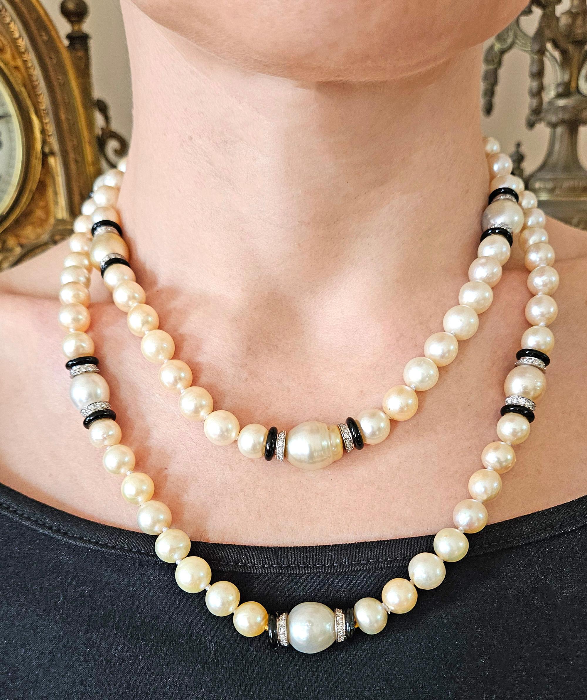 Women's Art Deco GIA Long South Sea & Akoya Pearl Enamel Diamond Platinum 18K Necklace For Sale