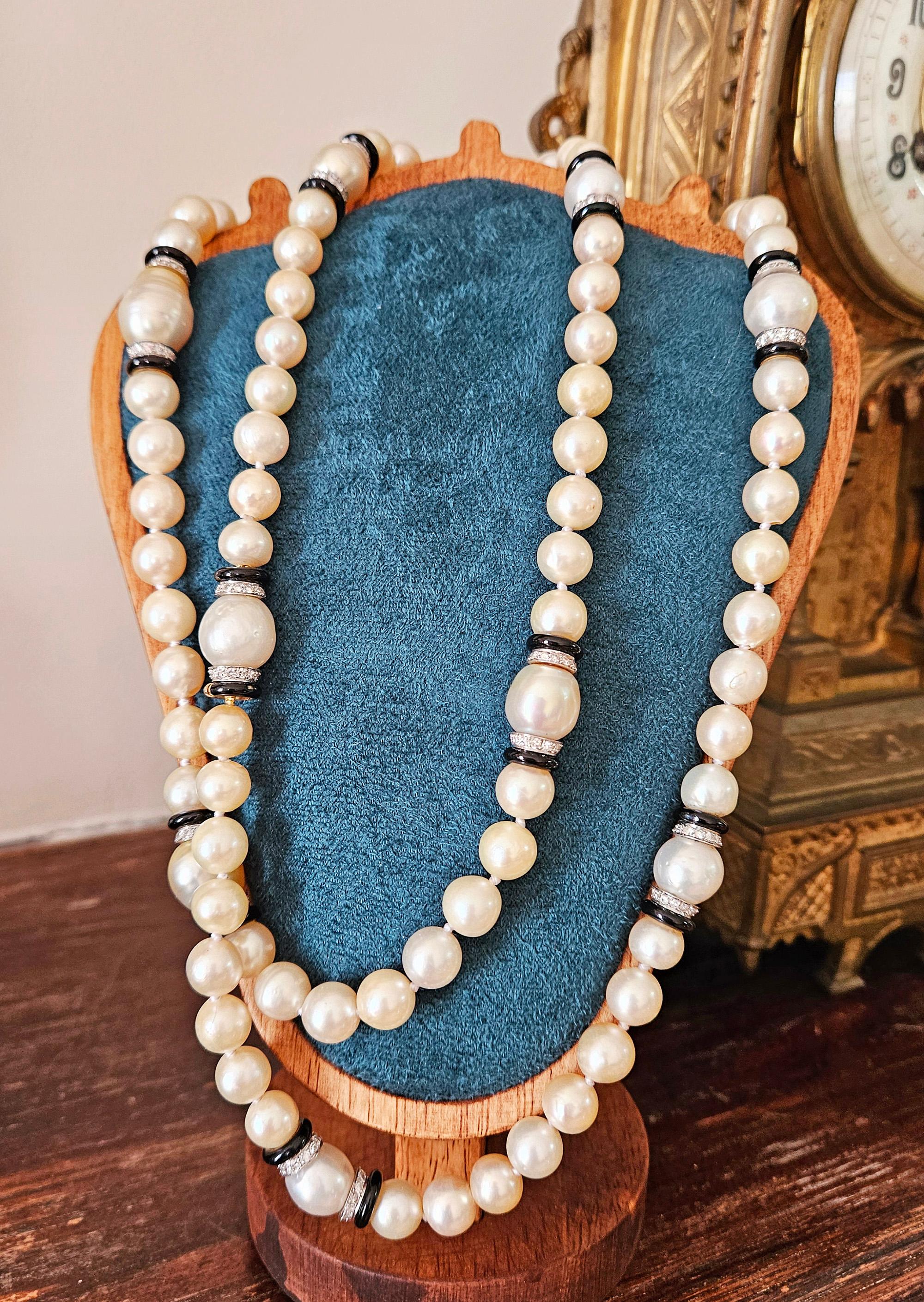 Art Deco GIA Long South Sea & Akoya Pearl Enamel Diamond Platinum 18K Necklace For Sale 1