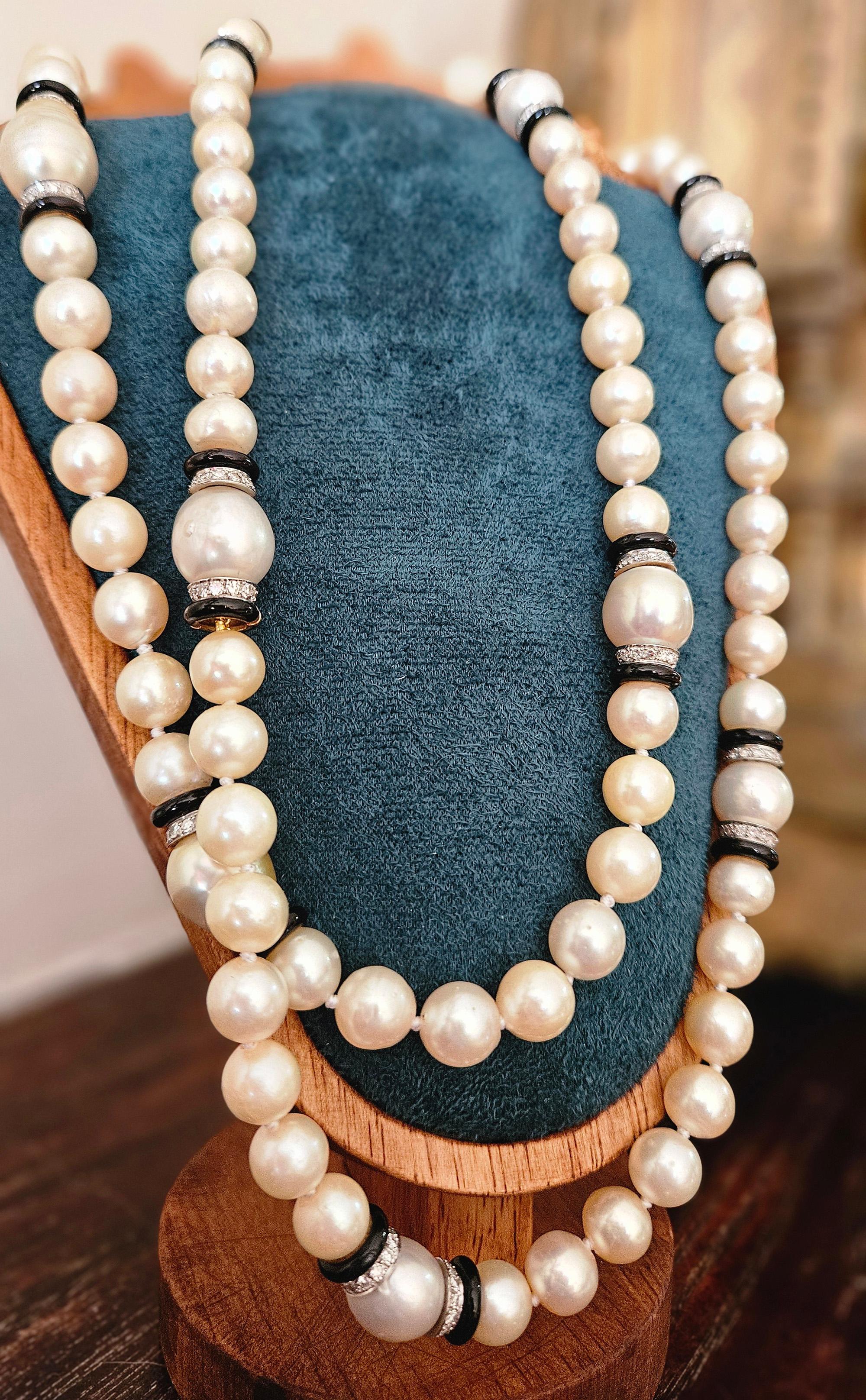 Art Deco GIA Long South Sea & Akoya Pearl Enamel Diamond Platinum 18K Necklace For Sale 2