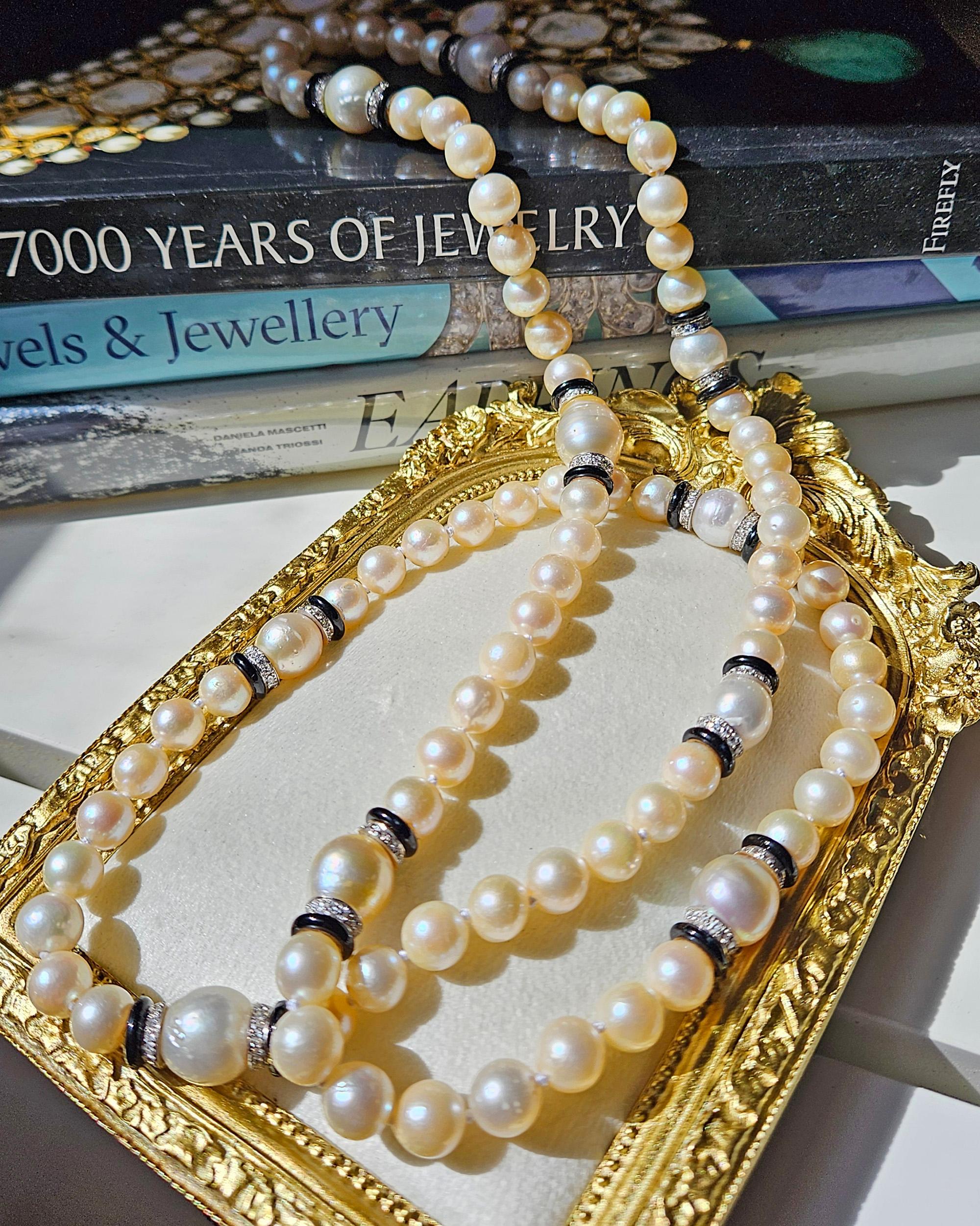 Art Deco GIA Long South Sea & Akoya Pearl Enamel Diamond Platinum 18K Necklace For Sale 3