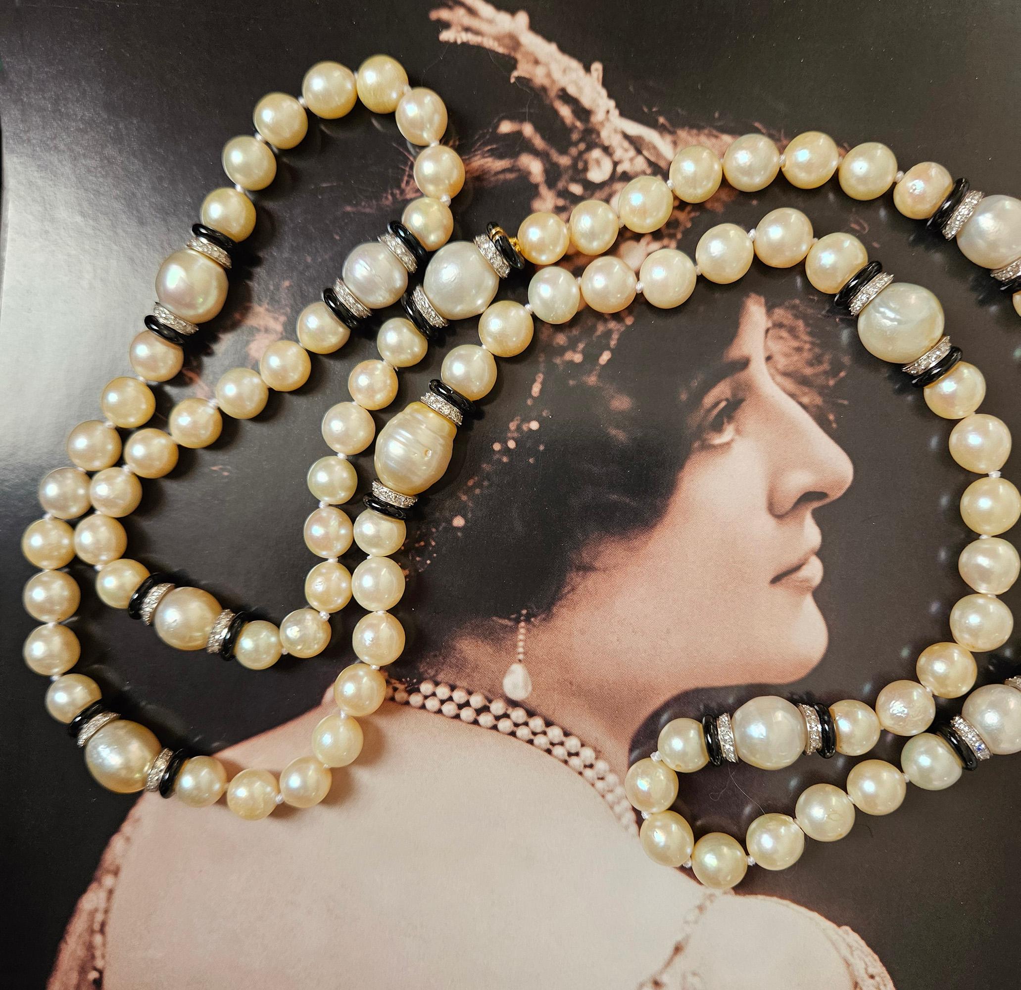 Art Deco GIA Long South Sea & Akoya Pearl Enamel Diamond Platinum 18K Necklace For Sale 4