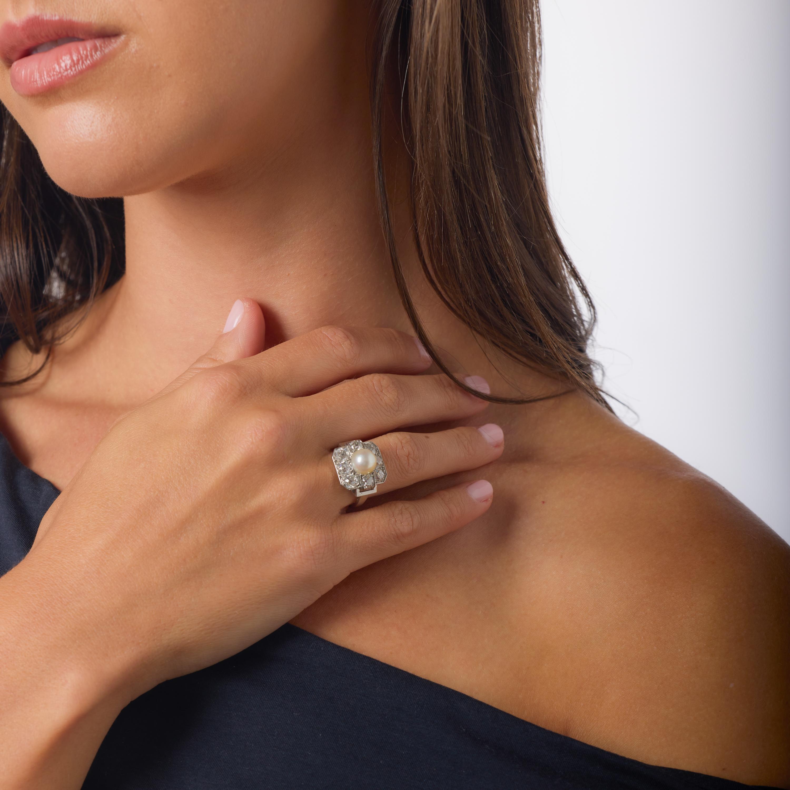 Anillo Art Déco GIA perla natural diamante talla vieja europea platino Corte europeo antiguo en venta