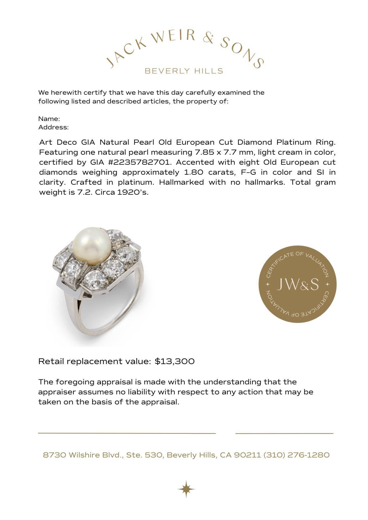 Anillo Art Déco GIA perla natural diamante talla vieja europea platino en venta 1