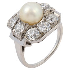 Art Deco GIA natural pearl Old European cut diamond platinum ring