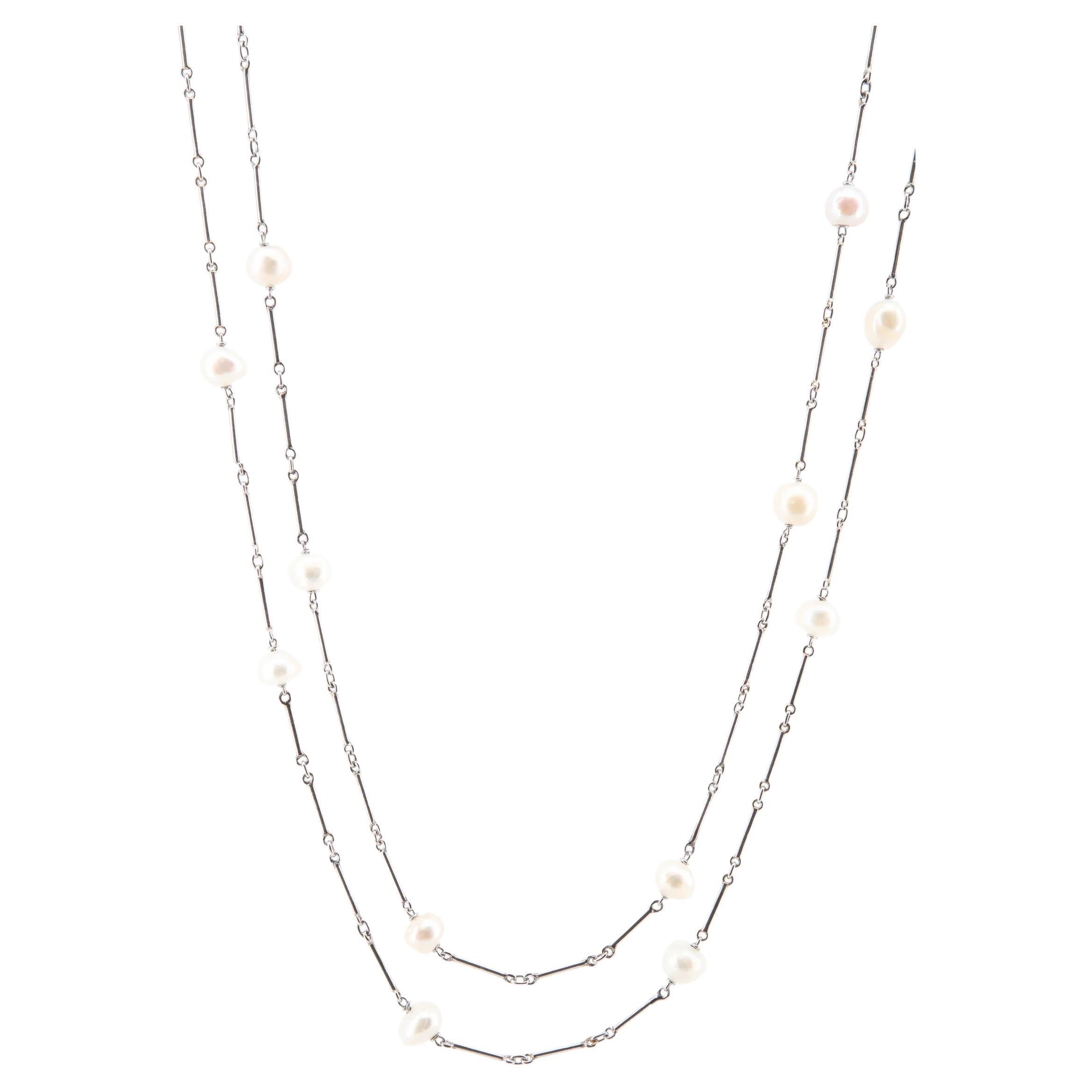 Art Deco GIA Natural Saltwater Pearl Chain Necklace in Platinum For Sale