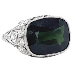 Art Deco GIA 7.45 Carat No Heat Green Sapphire Diamond Platinum Filigree Ring