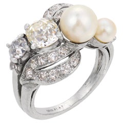 Art Deco GIA old cut diamond pearl bypass platinum ring
