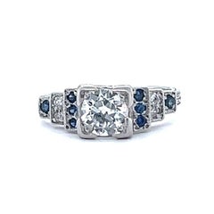Art Deco GIA Old European Cut Diamond Sapphire Platinum Engagement Ring