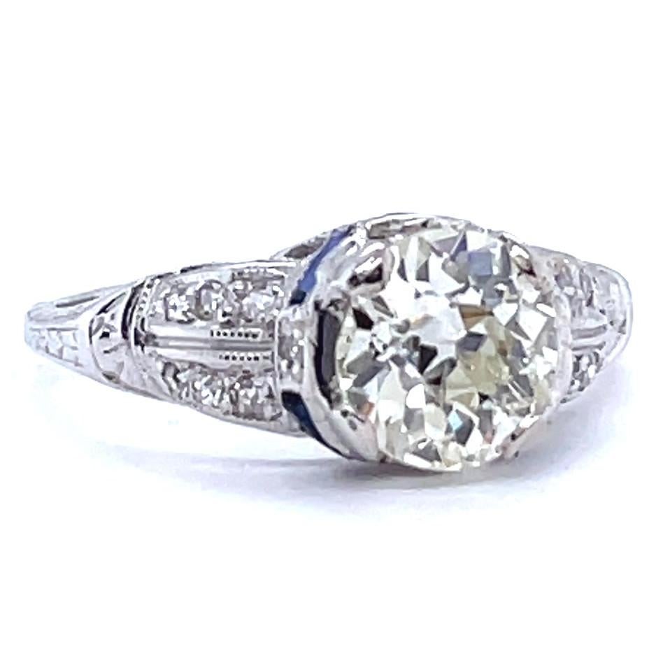 Women's or Men's Art Deco GIA Old European Cut Diamond Sapphire Platinum Filigree Engagement Ring