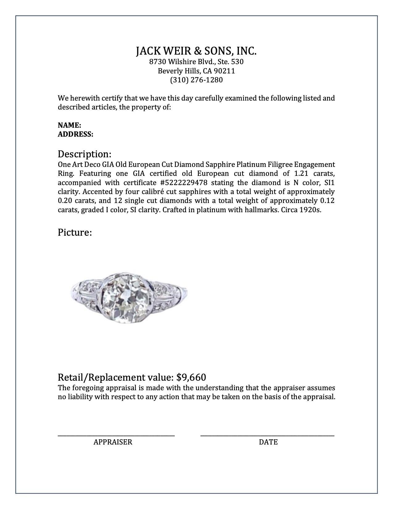 Art Deco GIA Old European Cut Diamond Sapphire Platinum Filigree Engagement Ring 4