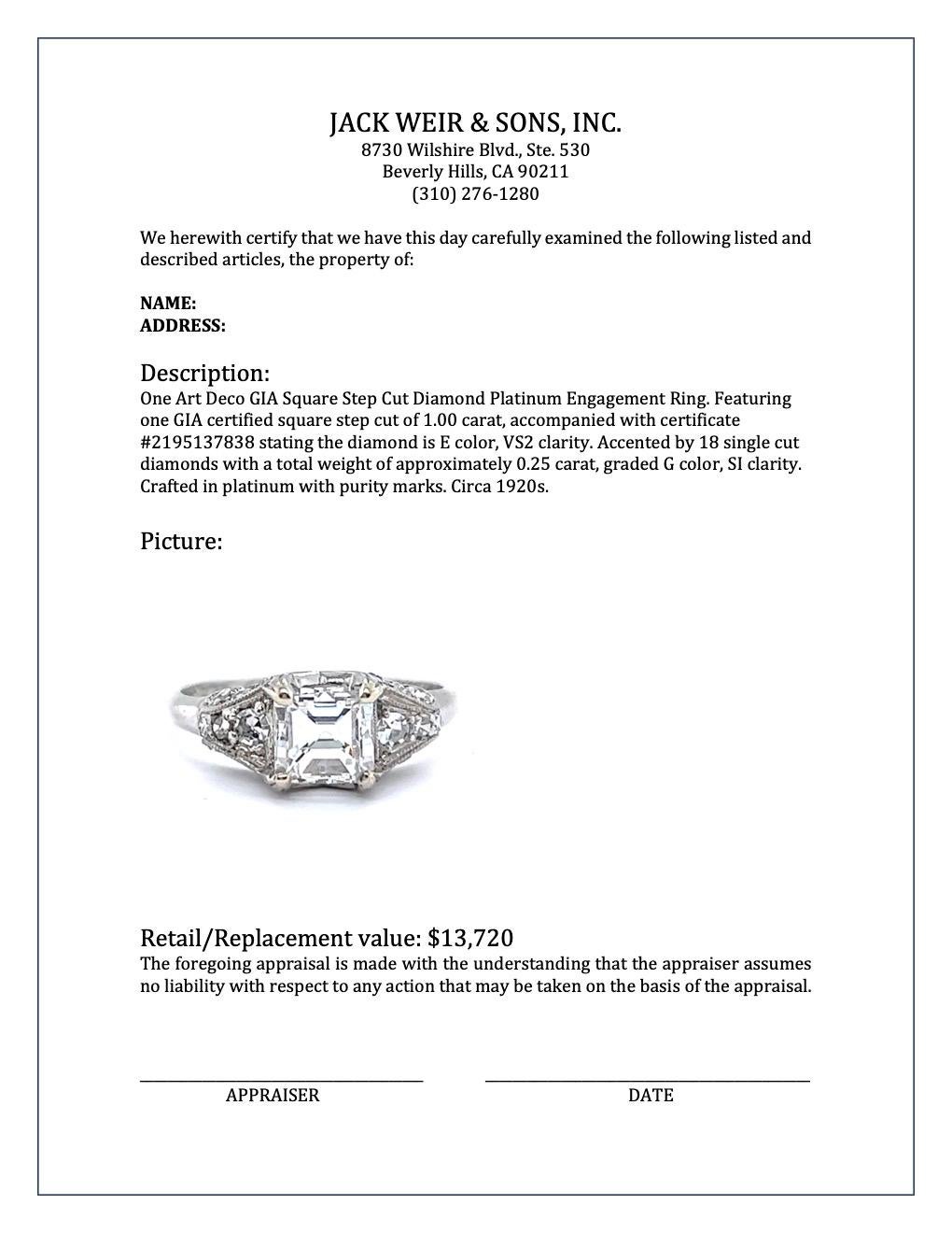 Art Deco GIA 1.00 Carat Square Step Cut Diamond Platinum Engagement Ring 1