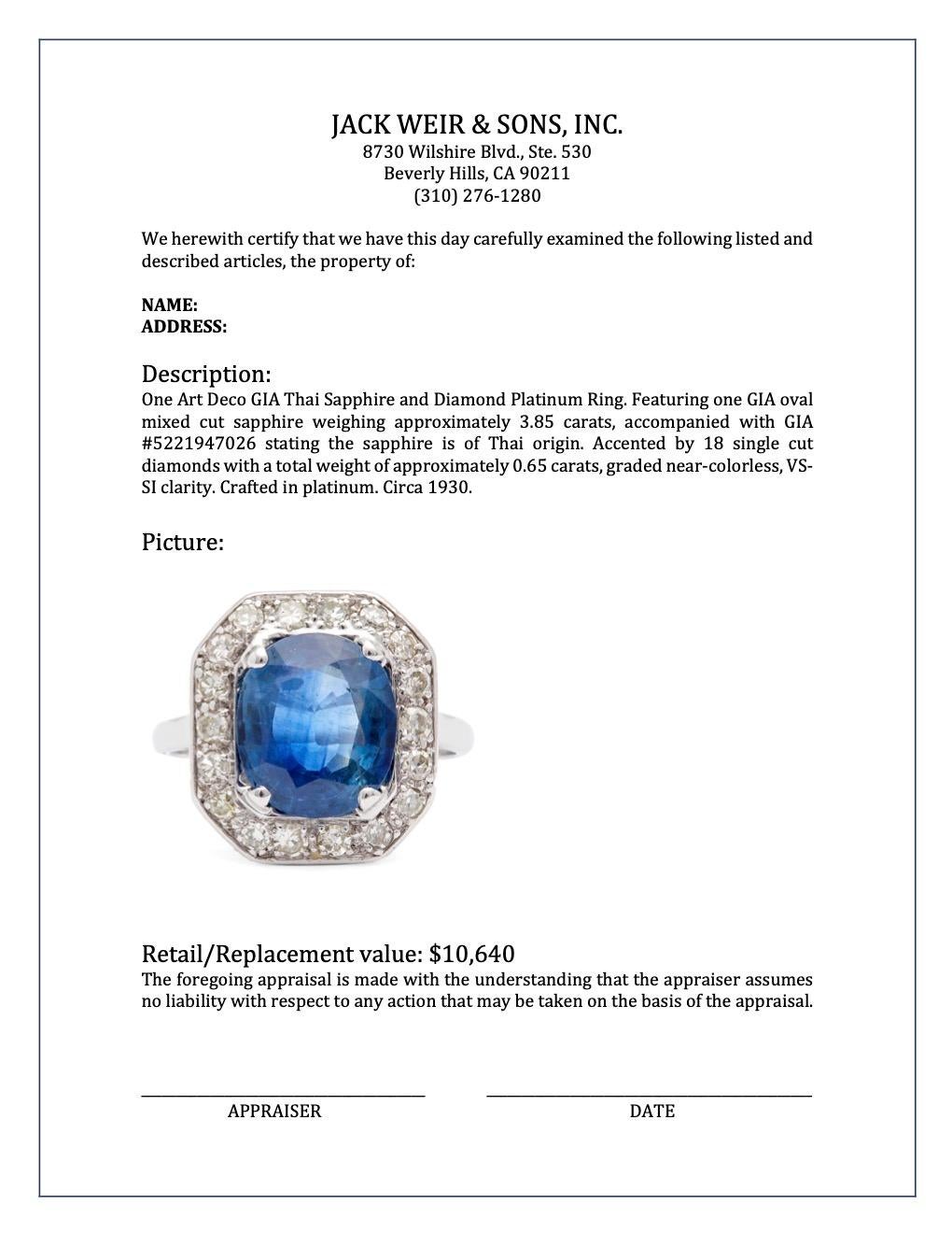 Art Deco GIA Thai Sapphire and Diamond Platinum Ring 3