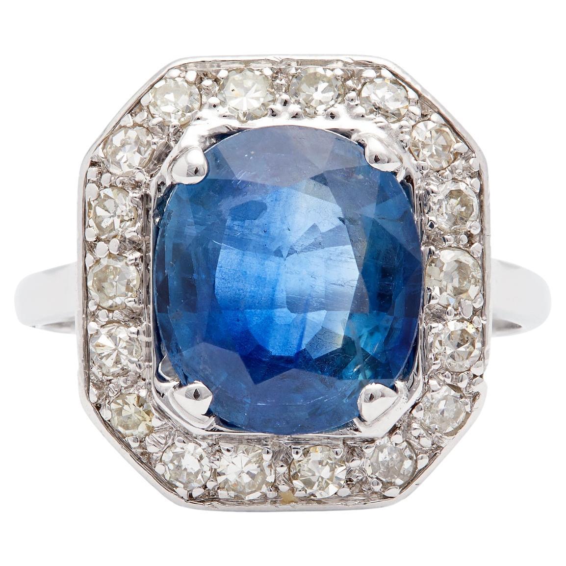 Art Deco GIA Thai Sapphire and Diamond Platinum Ring