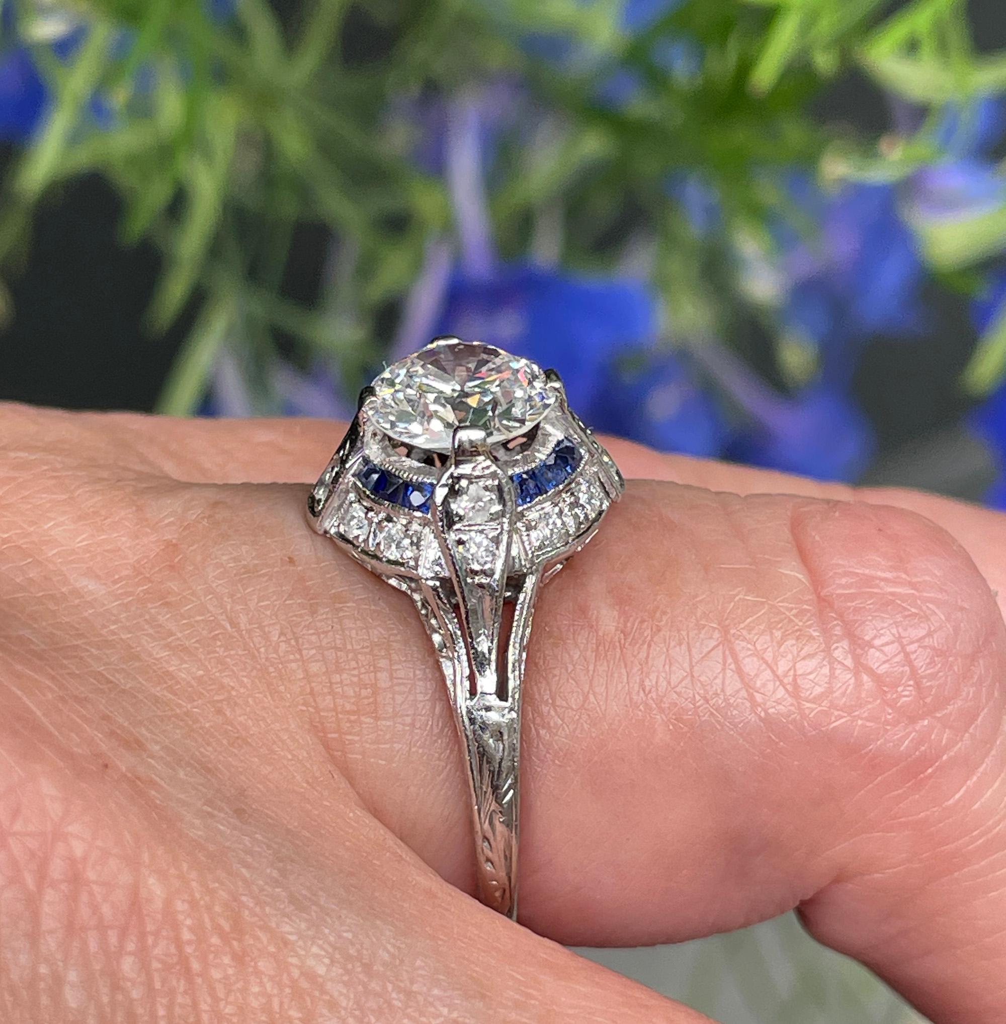 Art Deco GIA Vintage Antique 3.0ct Old EURO Diamond Sapphire Pt Engagement Ring For Sale 5