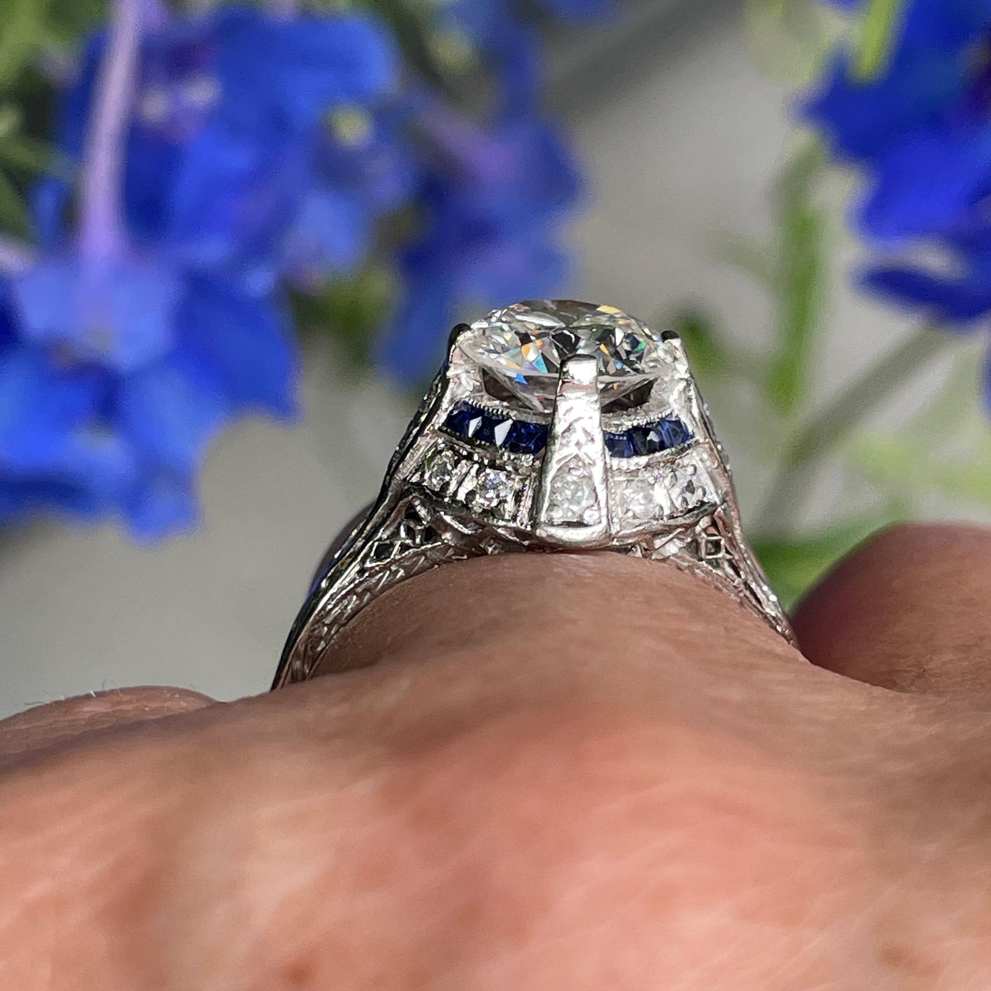 Art Deco GIA Vintage Antique 3.0ct Old EURO Diamond Sapphire Pt Engagement Ring For Sale 6