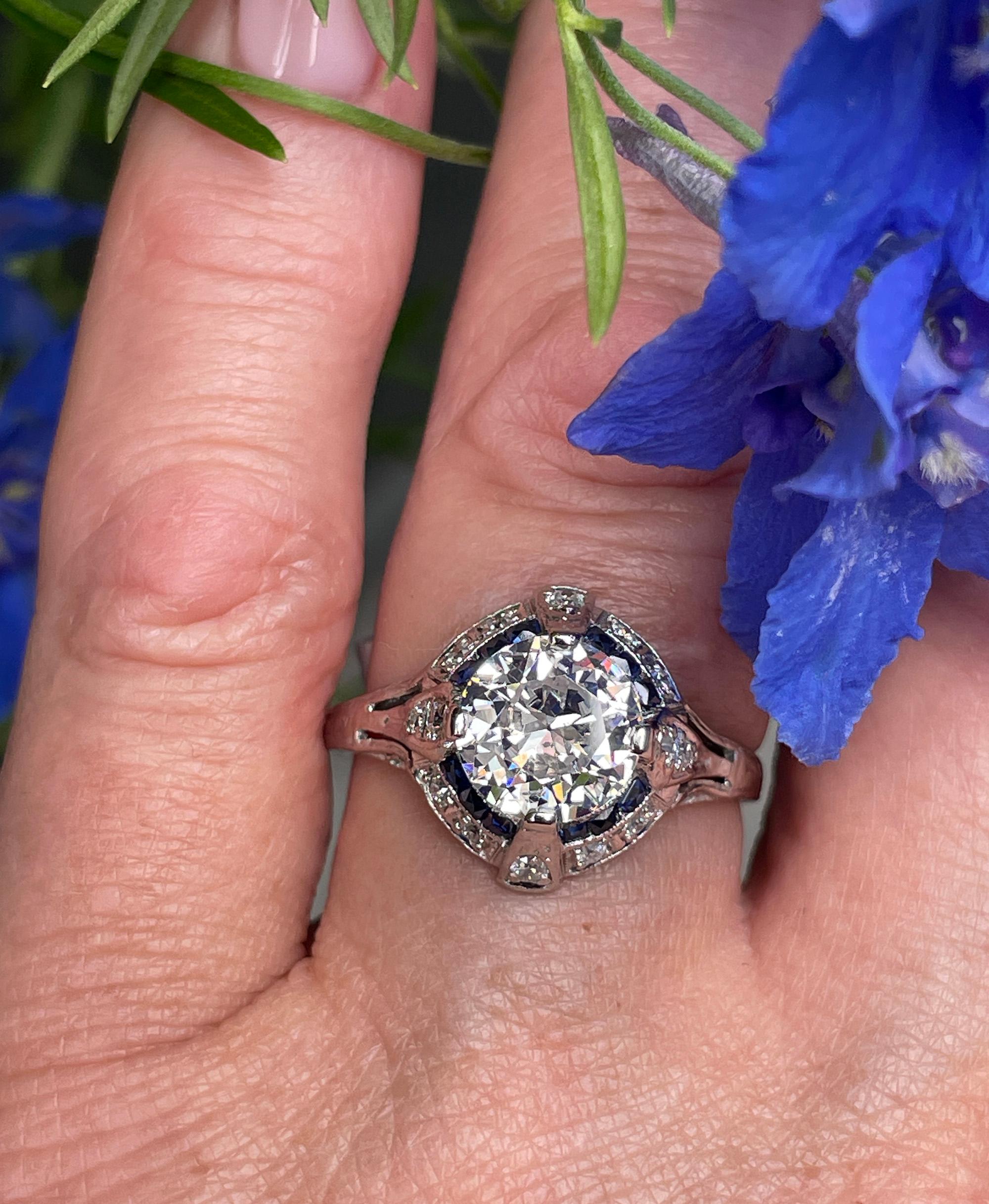 Art Deco GIA Vintage Antique 3.0ct Old EURO Diamond Sapphire Pt Engagement Ring For Sale 7