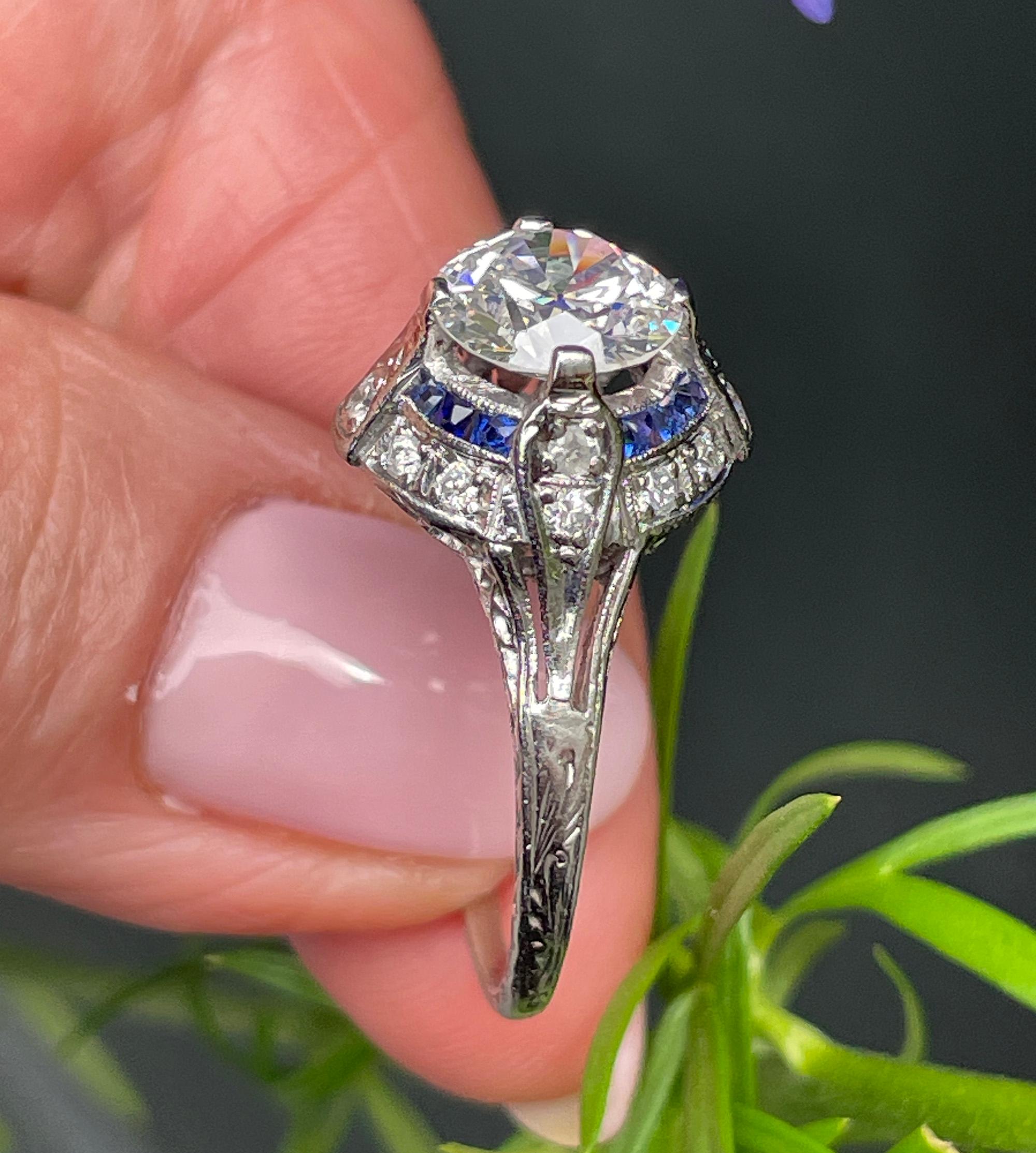 Art Deco GIA Vintage Antique 3.0ct Old EURO Diamond Sapphire Pt Engagement Ring For Sale 10