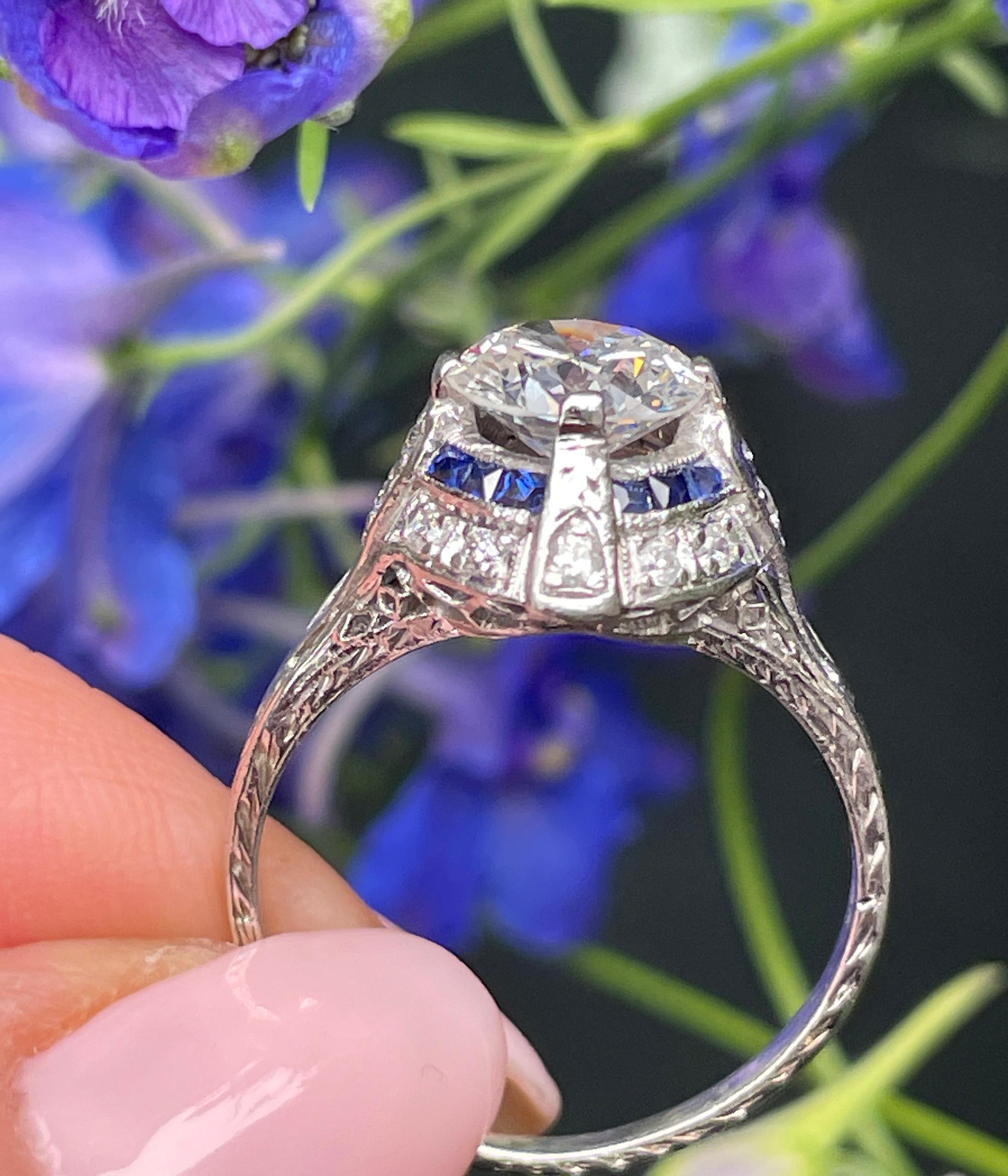 Art Deco GIA Vintage Antique 3.0ct Old EURO Diamond Sapphire Pt Engagement Ring For Sale 11