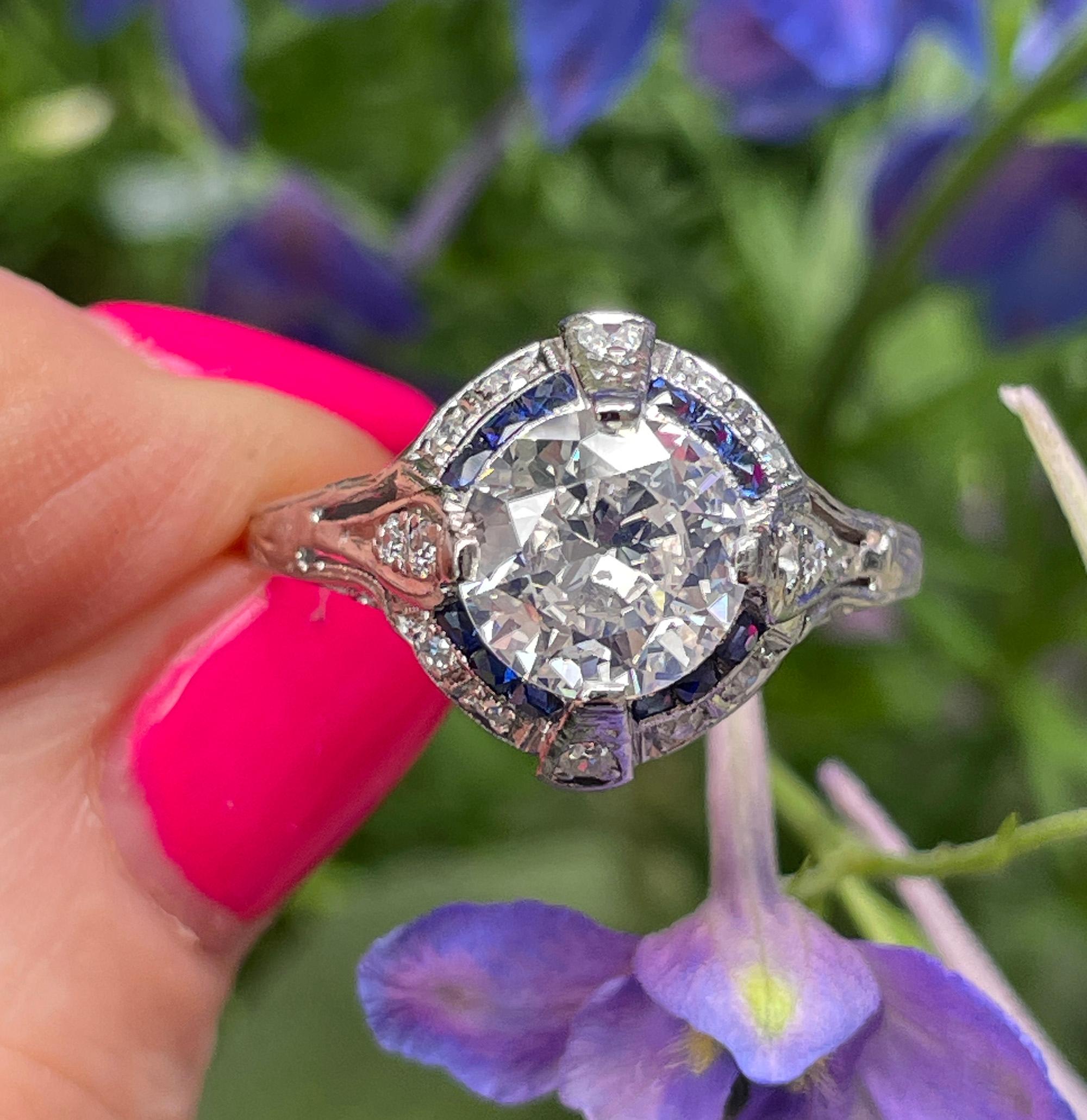 Art Deco GIA Vintage Antique 3.0ct Old EURO Diamond Sapphire Pt Engagement Ring For Sale 13