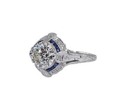 Art Deco GIA Vintage Antique 3.0ct Old EURO Diamond Sapphire Pt Engagement Ring