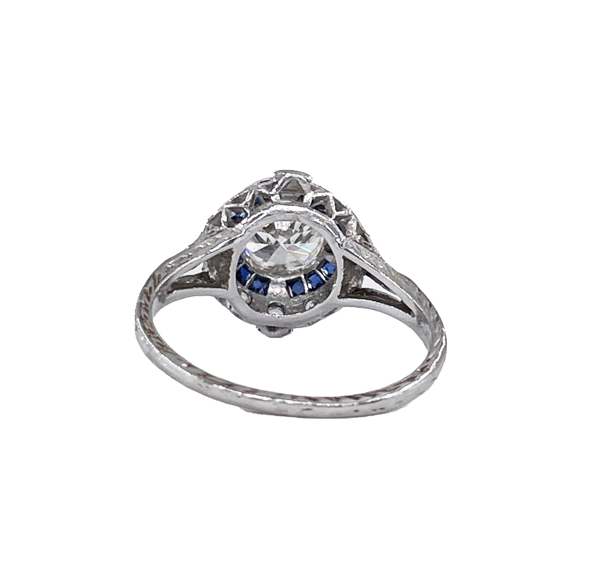 Old European Cut Art Deco GIA Vintage Antique 3.0ct Old EURO Diamond Sapphire Pt Engagement Ring For Sale