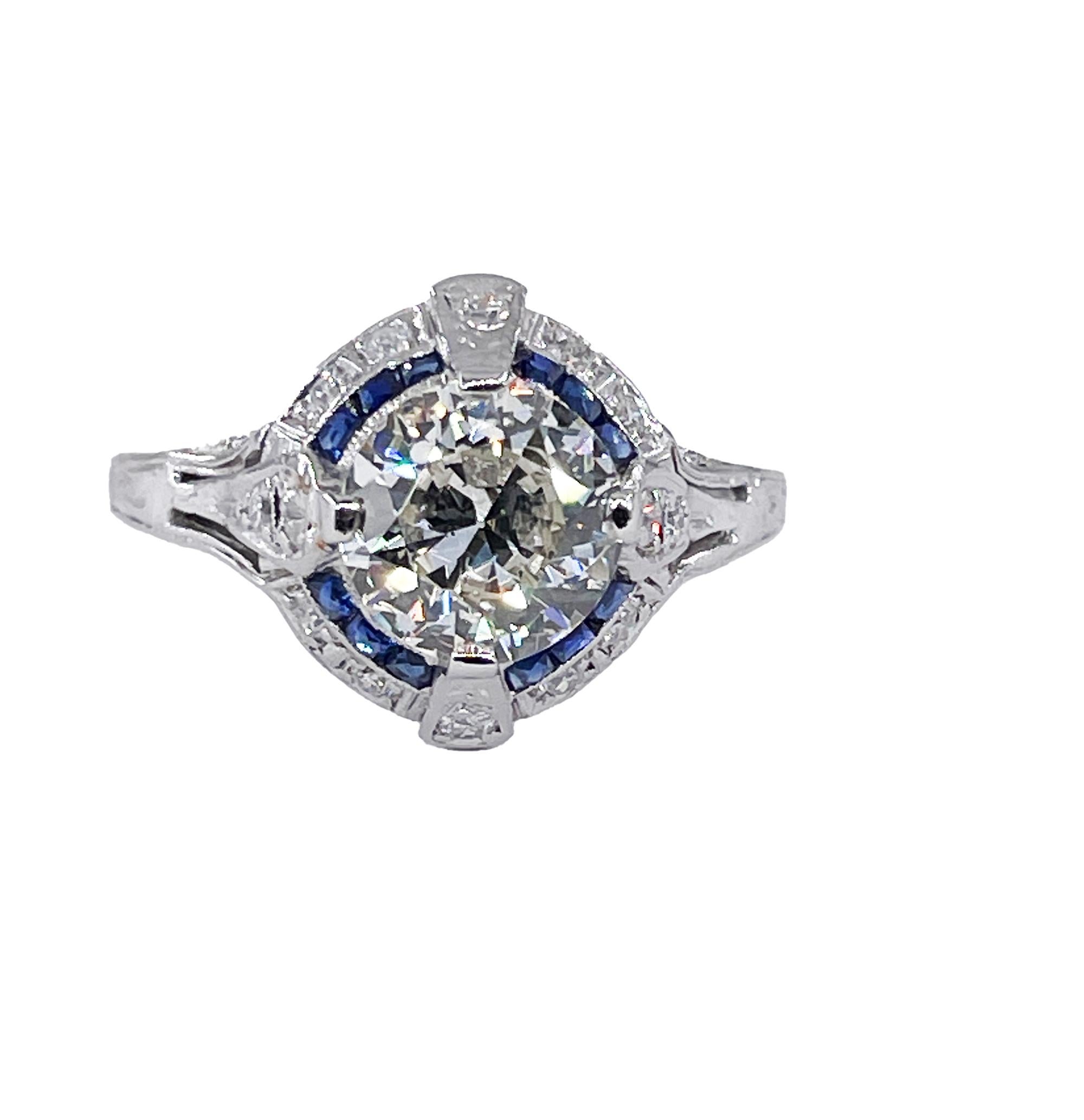 Art Deco GIA Vintage Antique 3.0ct Old EURO Diamond Sapphire Pt Engagement Ring In Good Condition For Sale In New York, NY