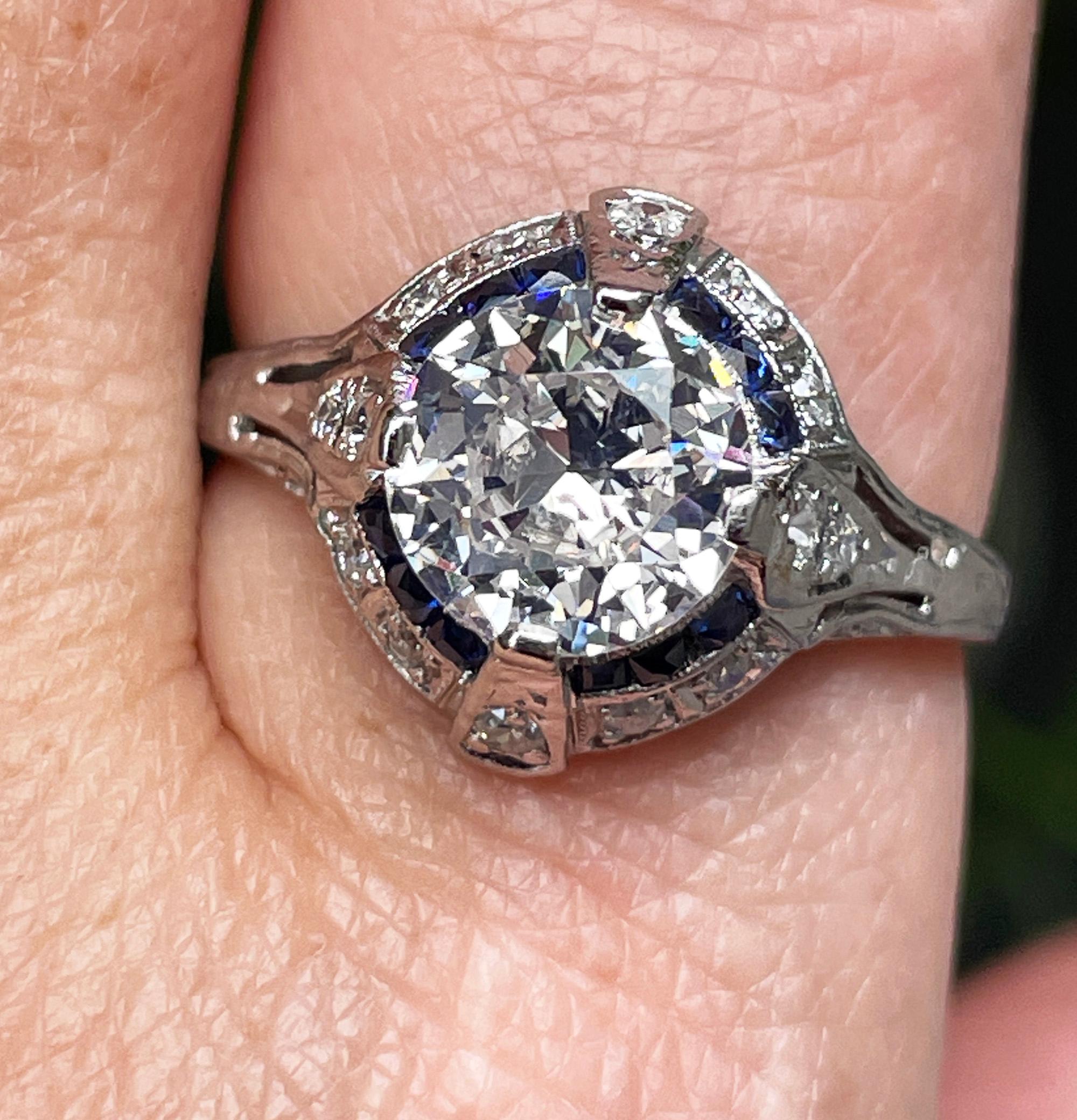 Art Deco GIA Vintage Antique 3.0ct Old EURO Diamond Sapphire Pt Engagement Ring For Sale 2