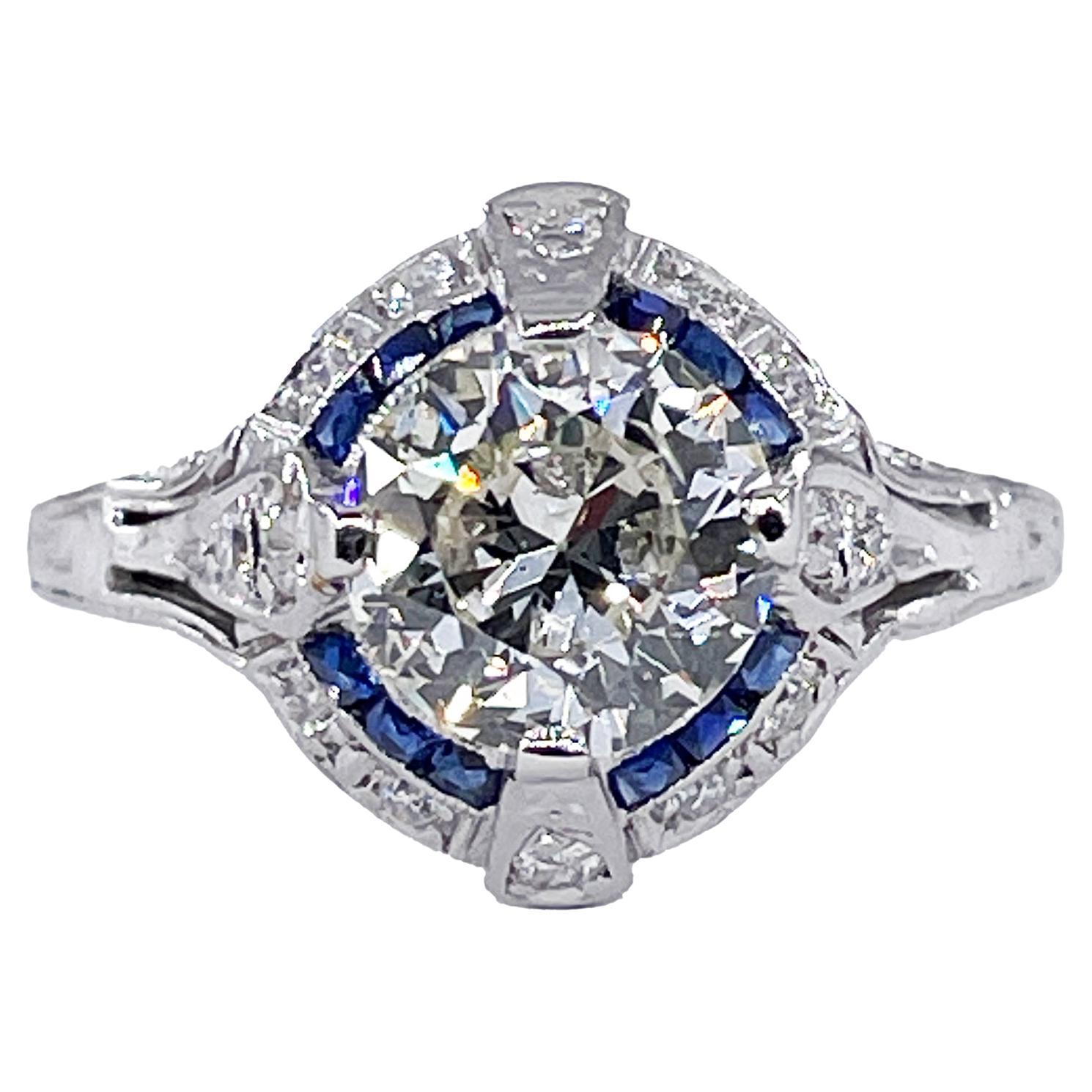 Art Deco GIA Vintage Antique 3.0ct Old EURO Diamond Sapphire Pt Engagement Ring For Sale