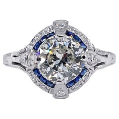 Art Deco GIA Used Antique 3.0ct Old EURO Diamond Sapphire Pt Engagement Ring