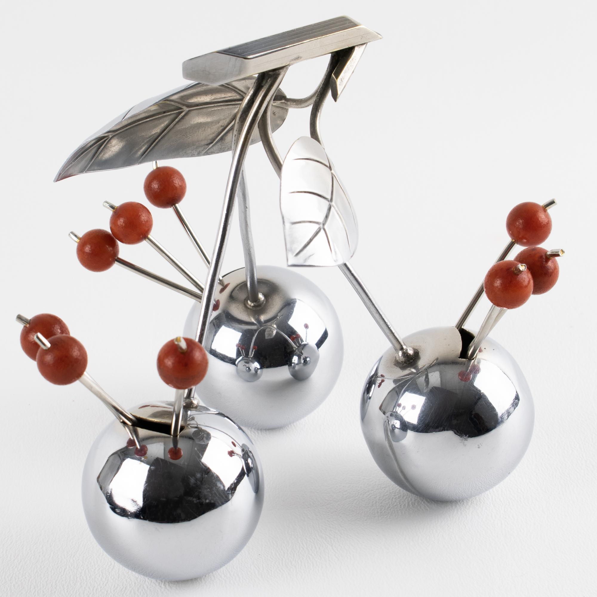 French Art Deco Giant Chrome Cherries Barware Cocktail Picks by Gouaille, circa 1930 For Sale