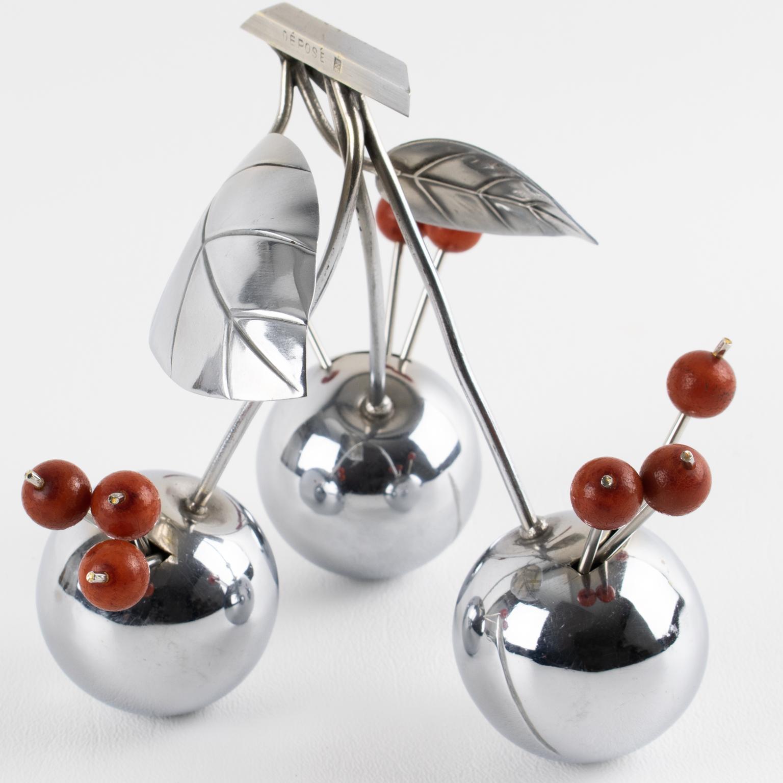 Art Deco Giant Chrome Cherries Barware Cocktail Picks by Gouaille, circa 1930 In Good Condition For Sale In Atlanta, GA