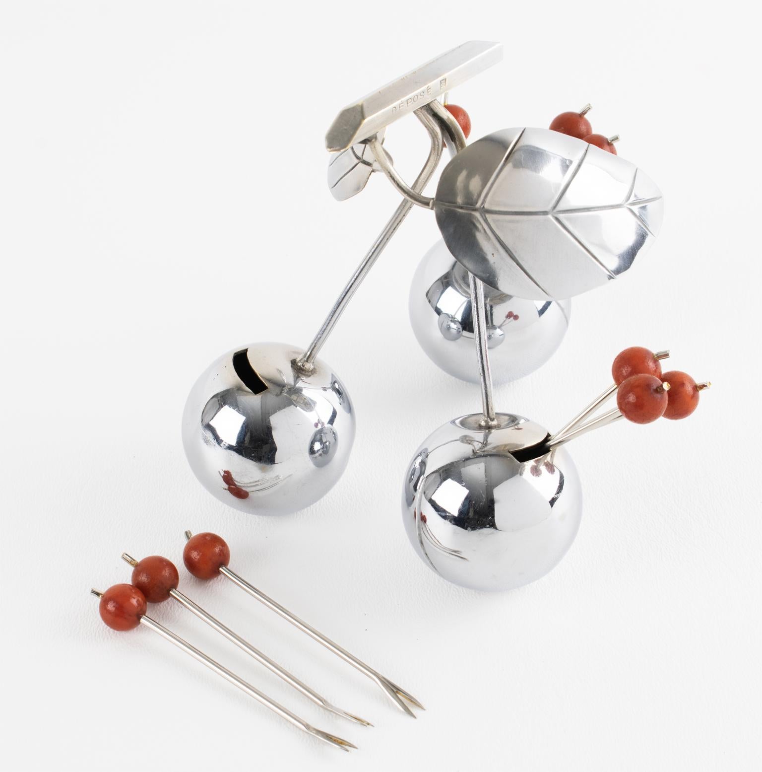 Mid-20th Century Art Deco Giant Chrome Cherries Barware Cocktail Picks by Gouaille, circa 1930 For Sale