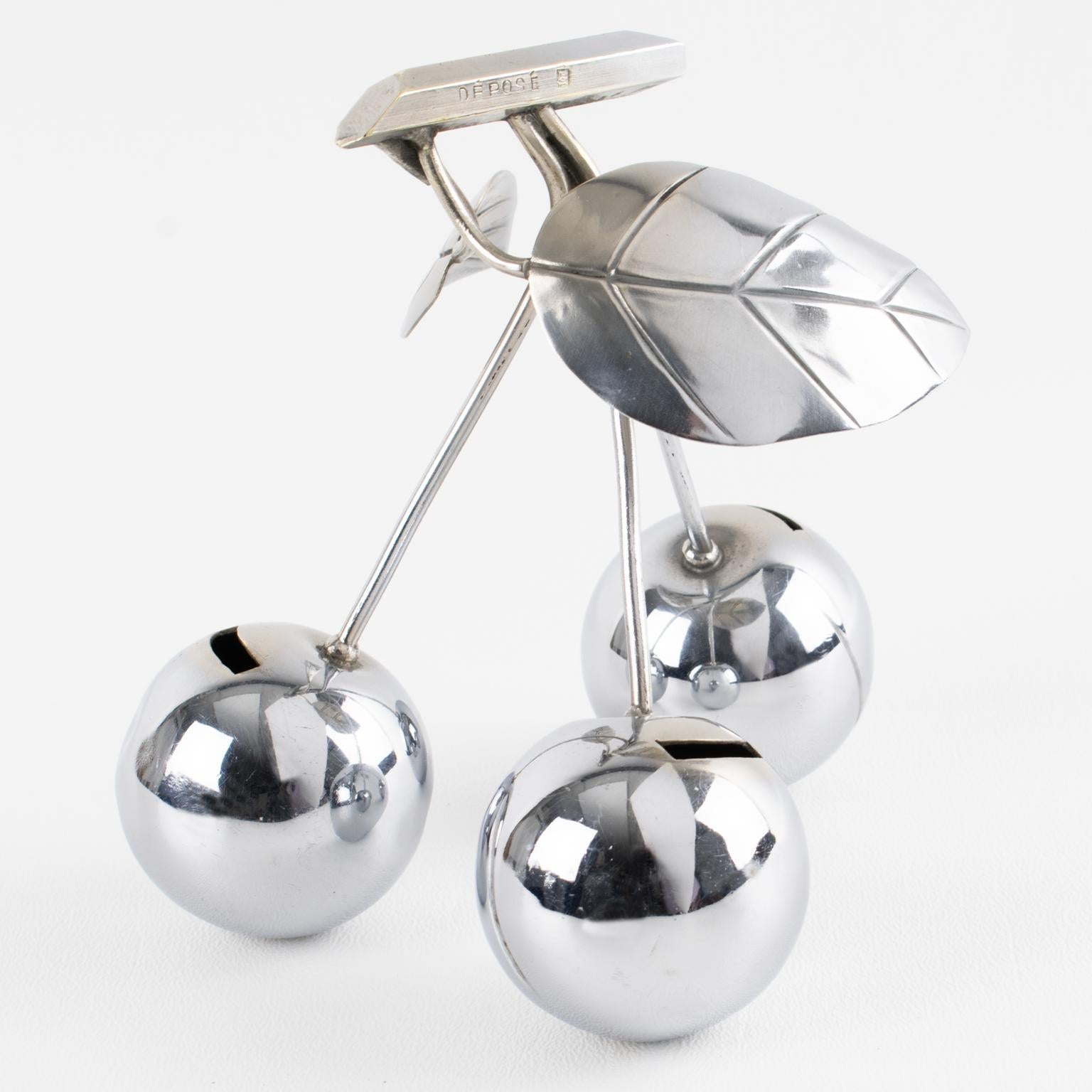 Metal Art Deco Giant Chrome Cherries Barware Cocktail Picks by Gouaille, circa 1930 For Sale